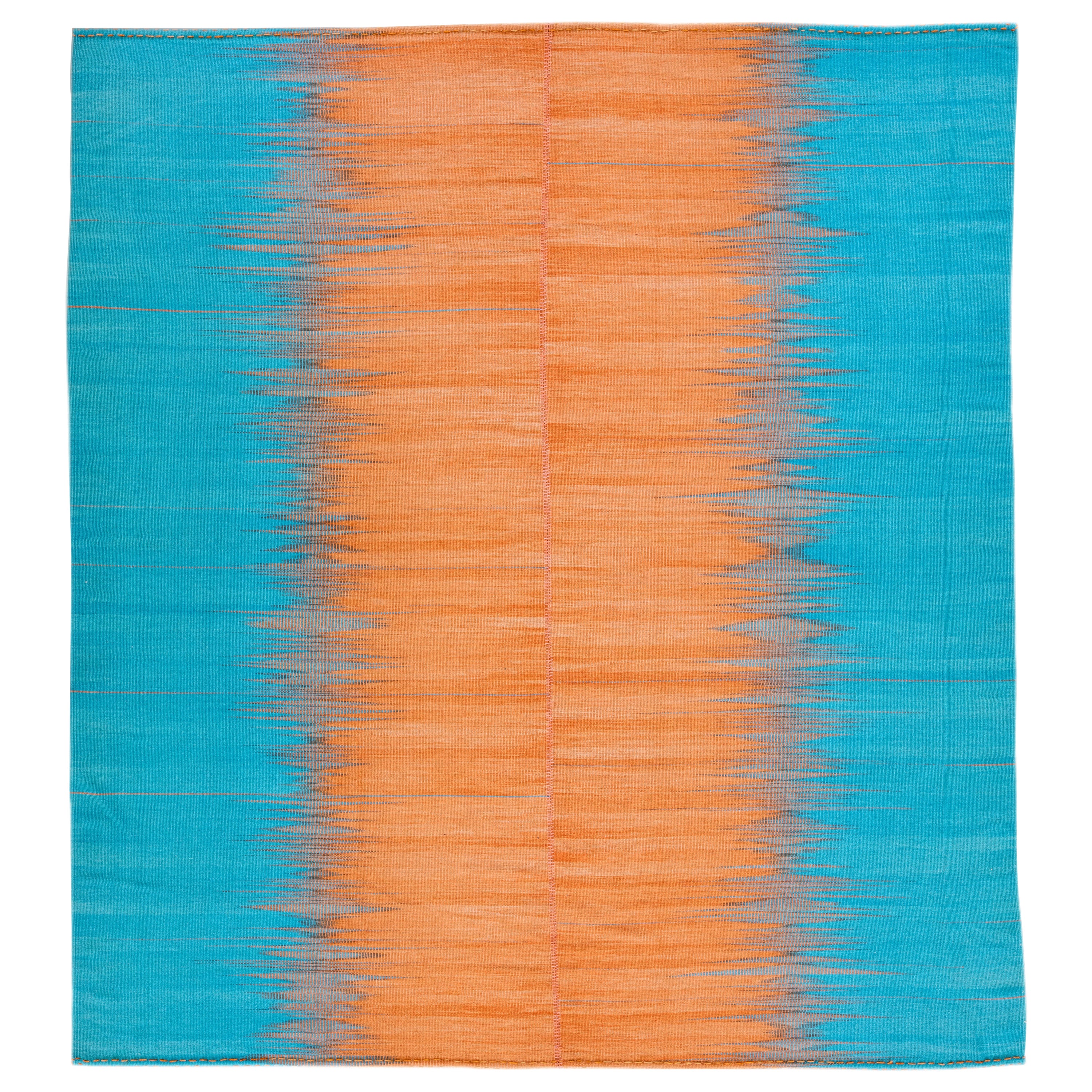Modern Kilim Flatweave Abstract Designed Blue and Orange Wool Rug