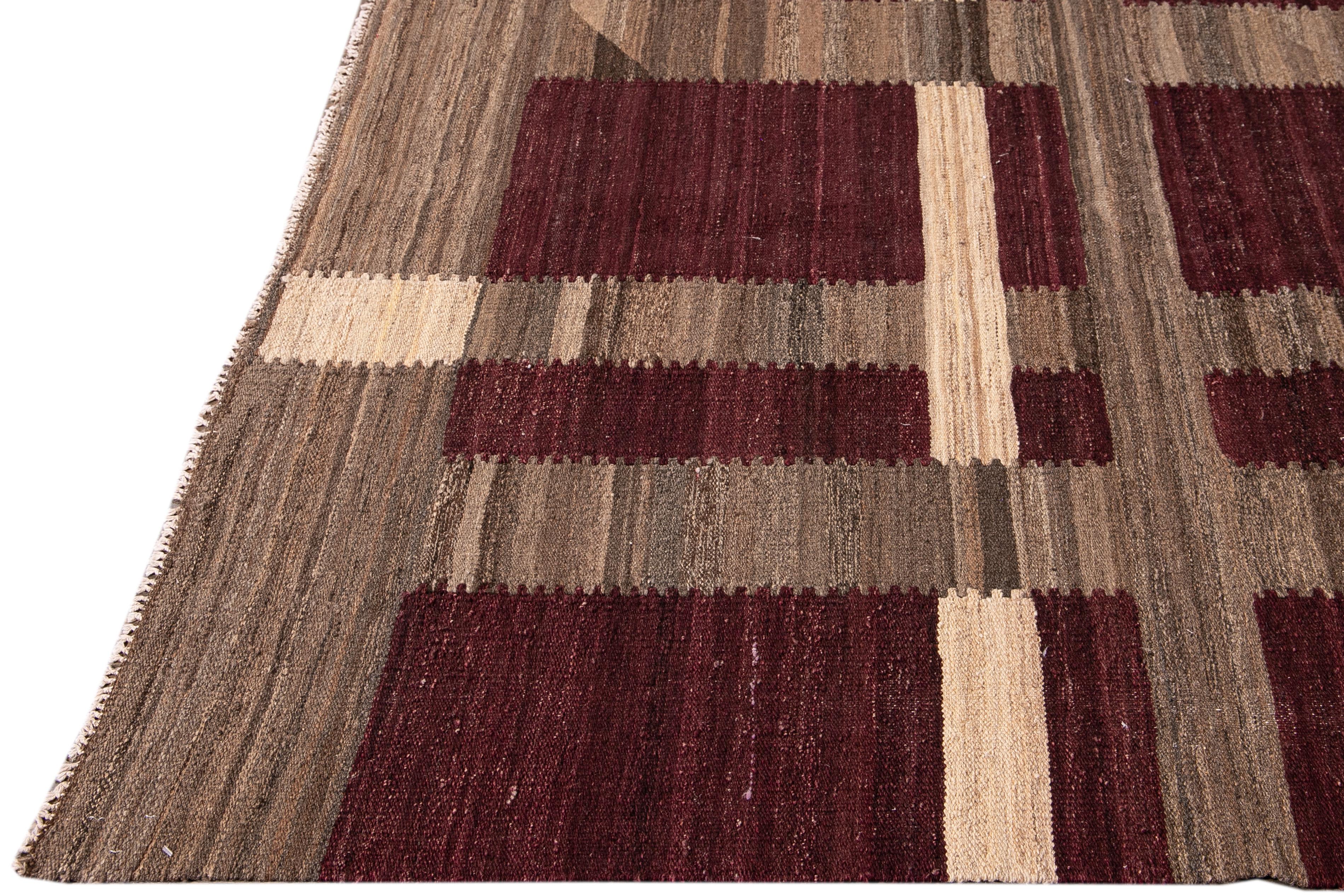 Afghan Modern Kilim Flatweave Burgundy and Brown Geometric Wool Rug For Sale