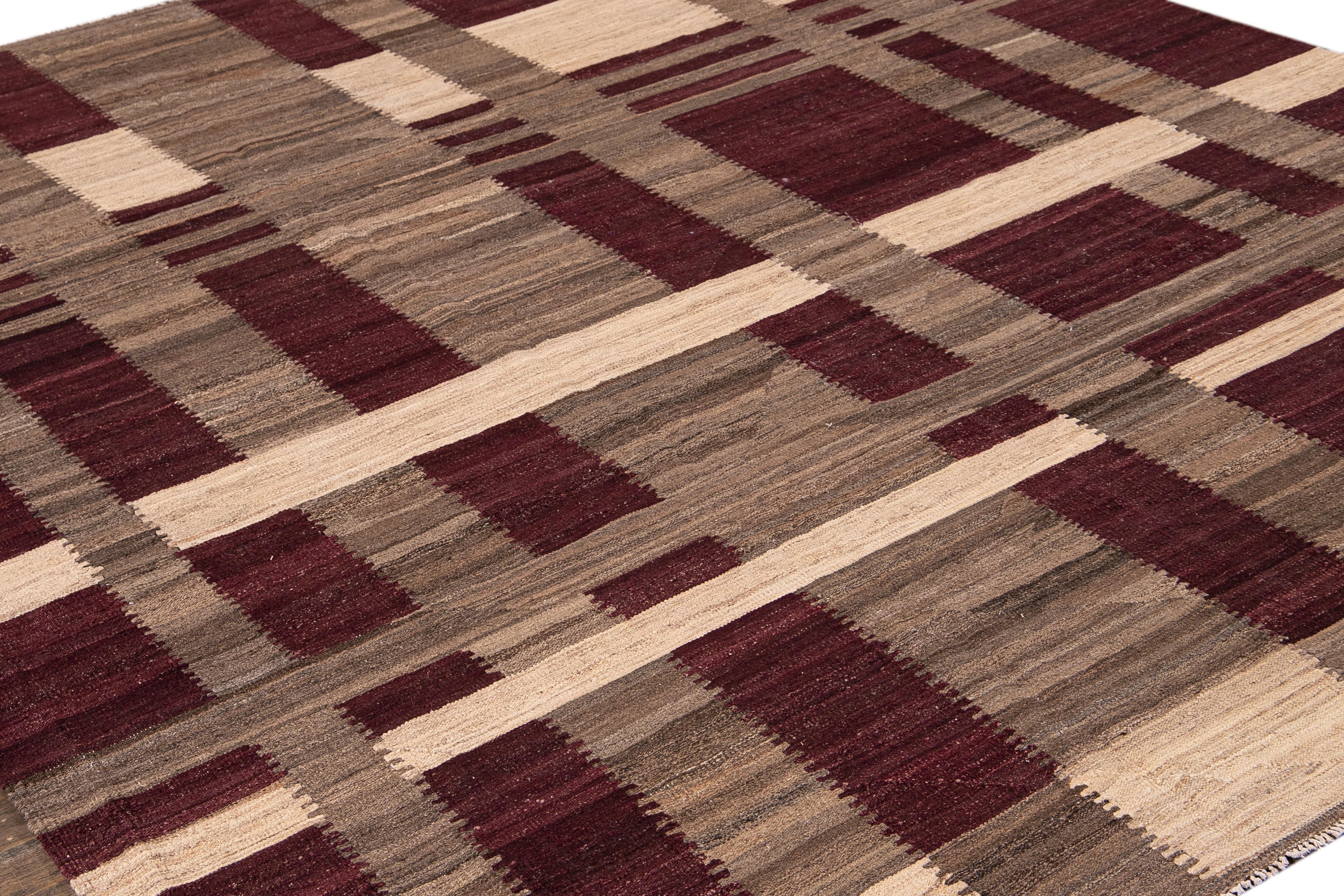 Modern Kilim Flatweave Burgundy and Brown Geometric Wool Rug 1