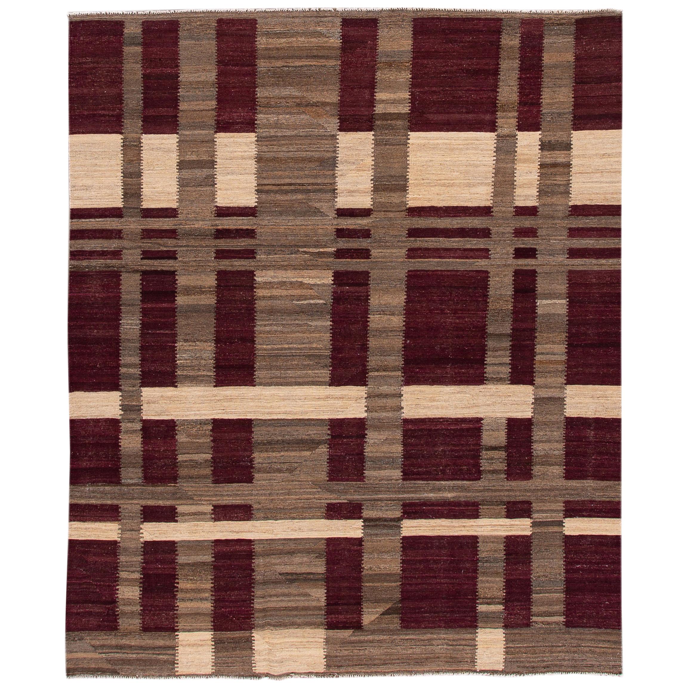 Modern Kilim Flatweave Burgundy and Brown Geometric Wool Rug For Sale