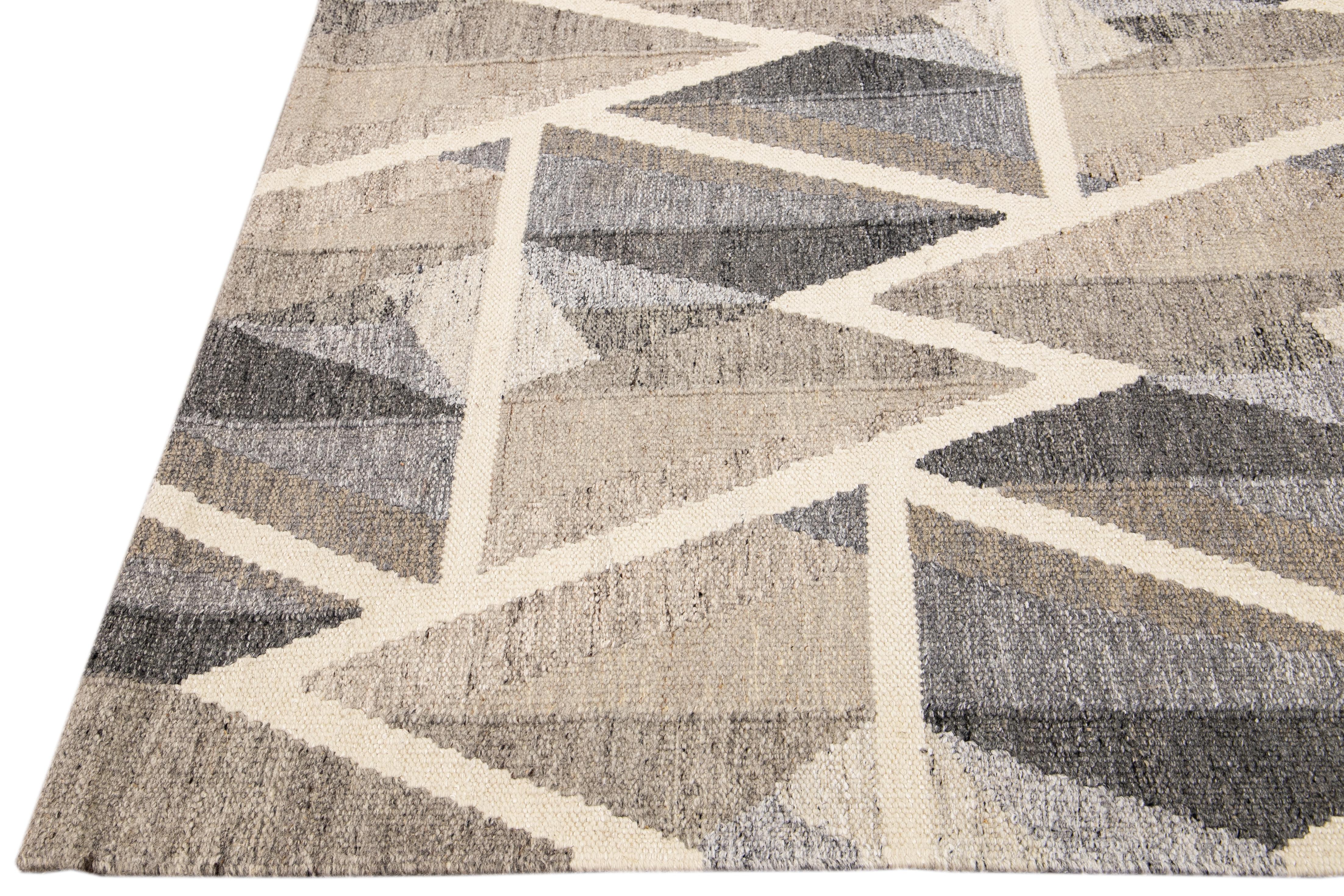 Modern Swedish Style Flatweave Geometric Abstract Brown Wool Rug For Sale 2