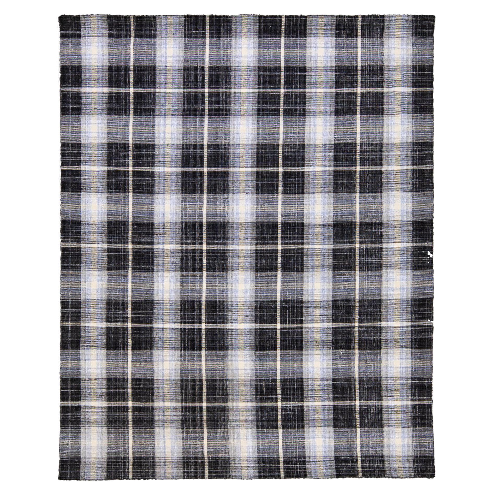 Blue Modern Kilim Flatweave Pink Check Pattern Crosby Wool Rug For Sale ...