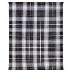 Modern Kilim Flatweave Geometric Check Pattern Black And Gray Wool Rug