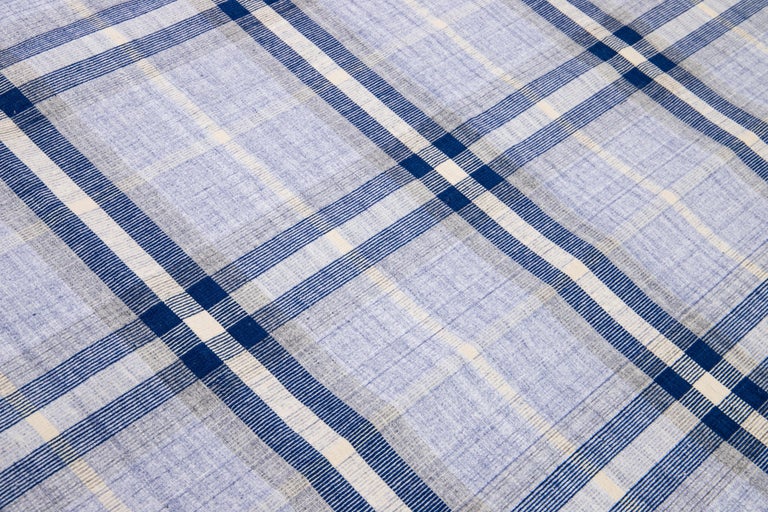 Modern Kilim Flatweave Geometric Check Pattern Blue And Gray Wool Rug ...