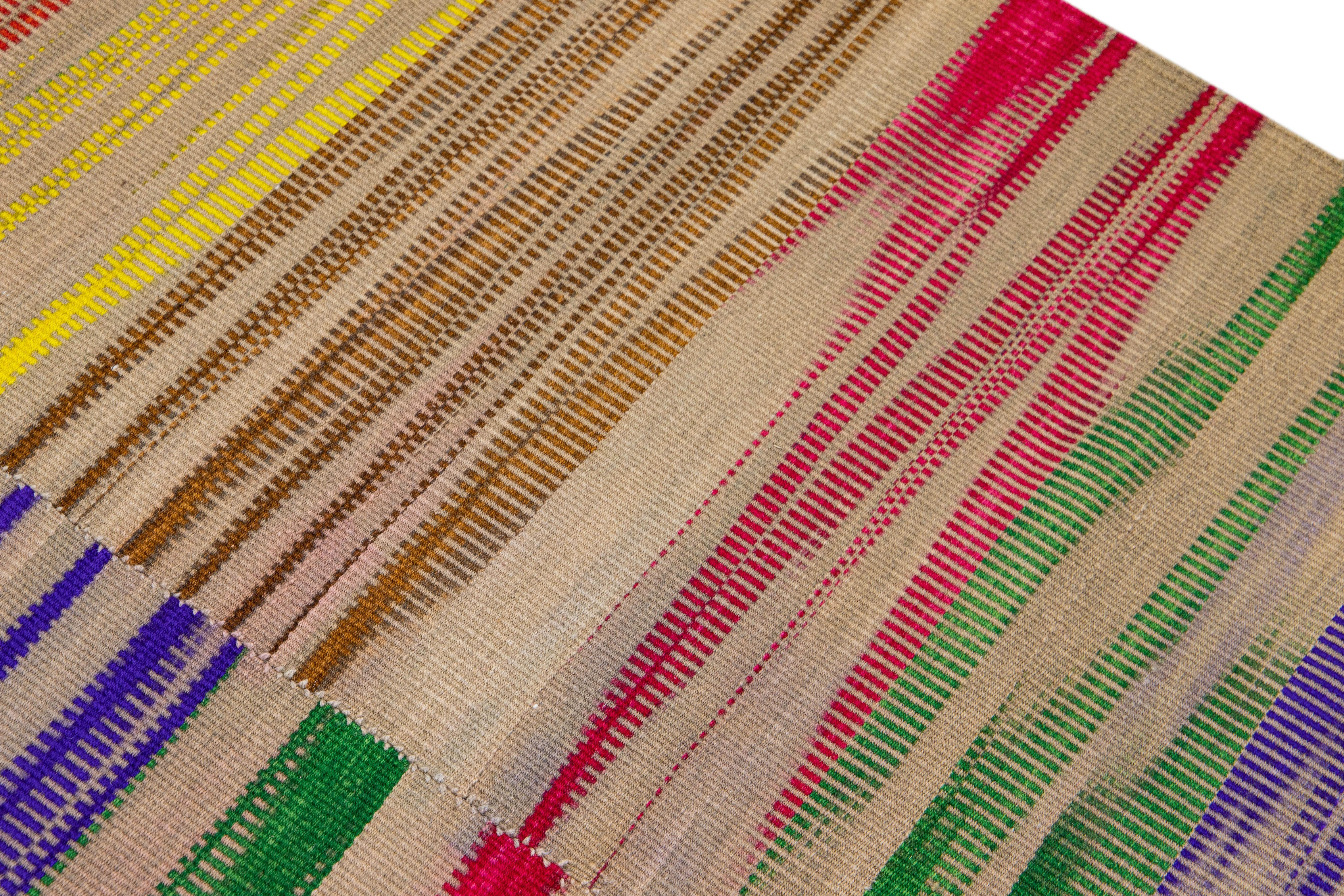 Modern Kilim Flatweave Multicolor Abstract Wool Rug For Sale 4