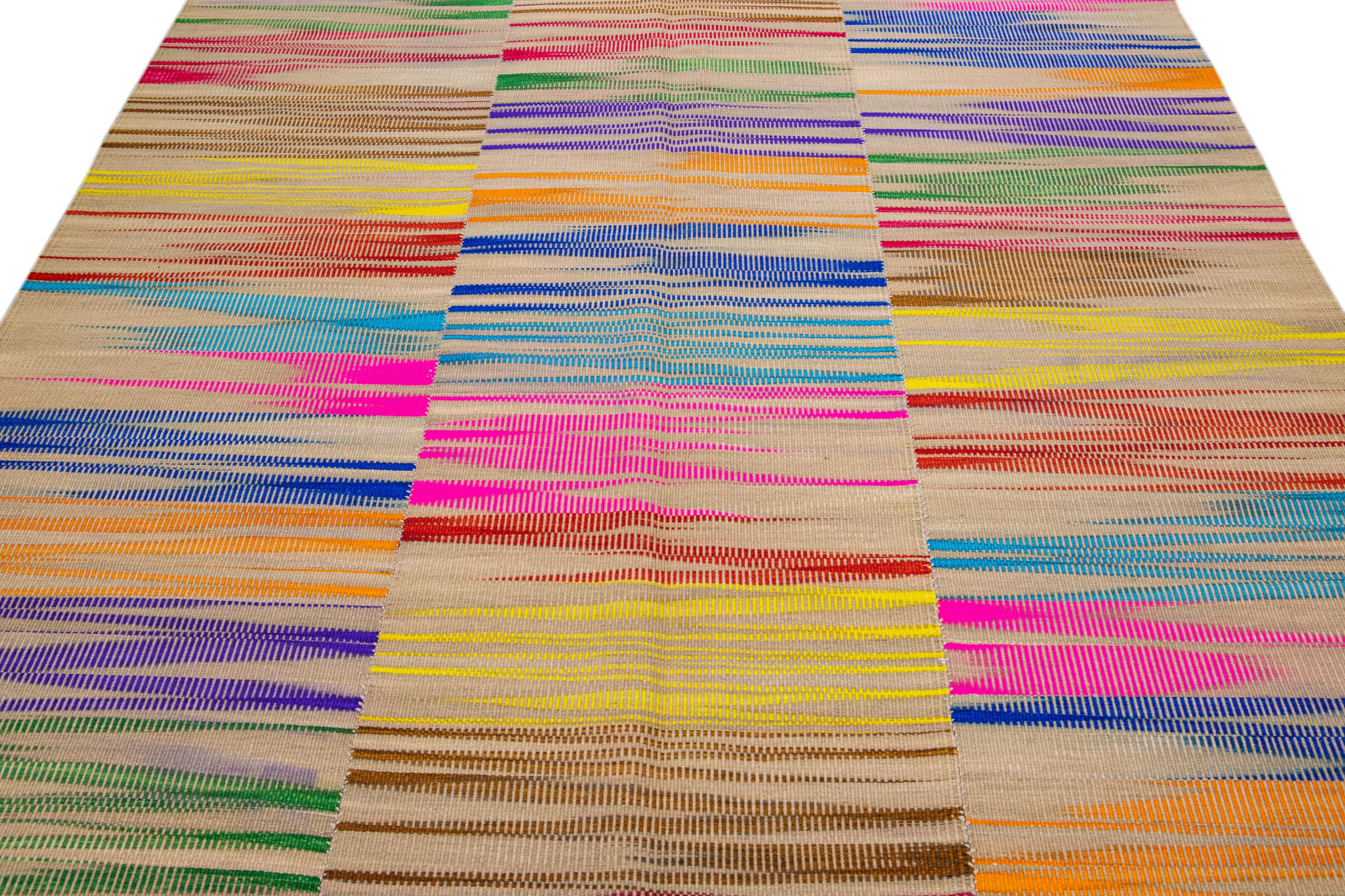 Turkish Modern Kilim Flatweave Multicolor Abstract Wool Rug For Sale