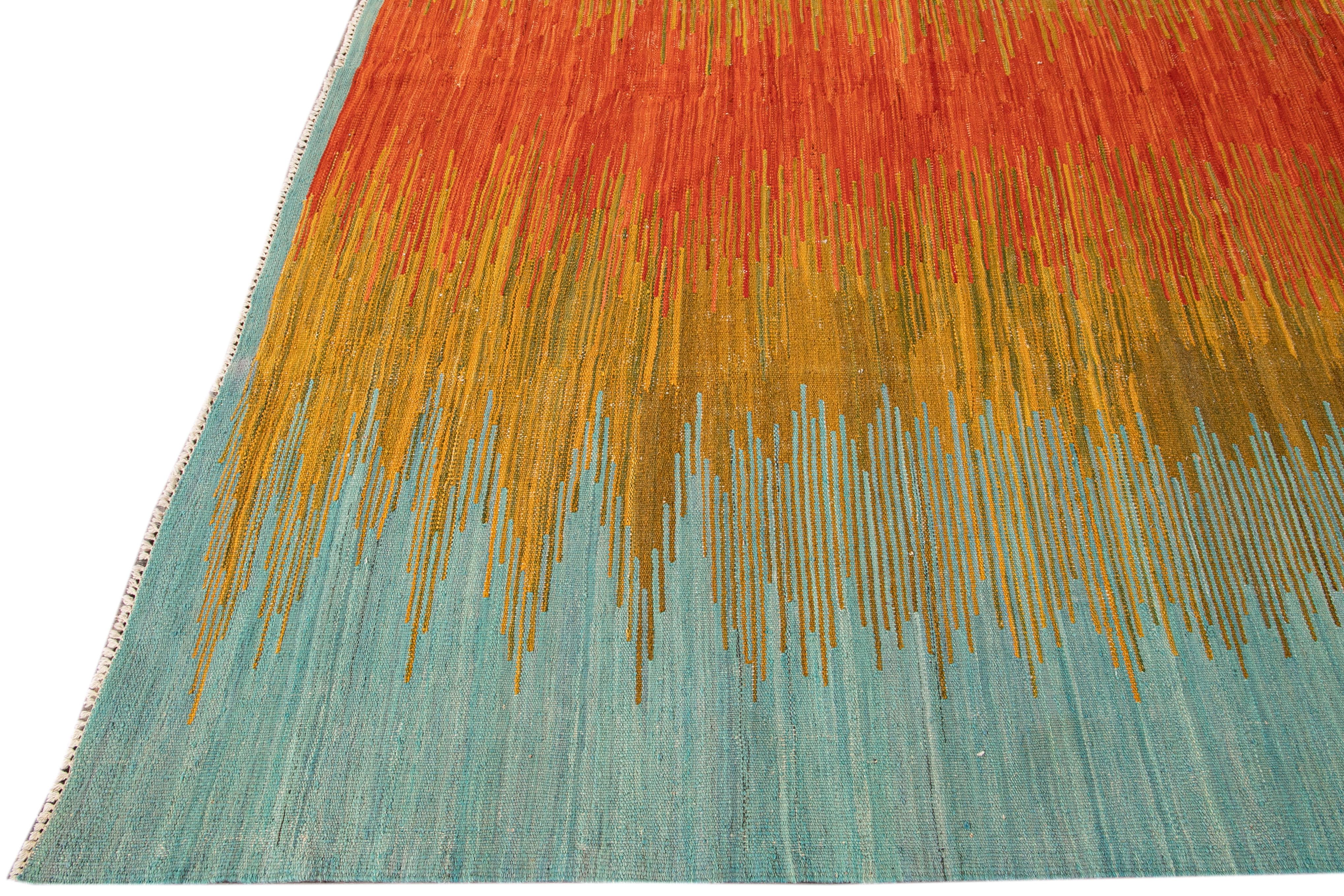Hand-Knotted Modern Kilim Flatweave Multicolor Abstract Wool Rug For Sale