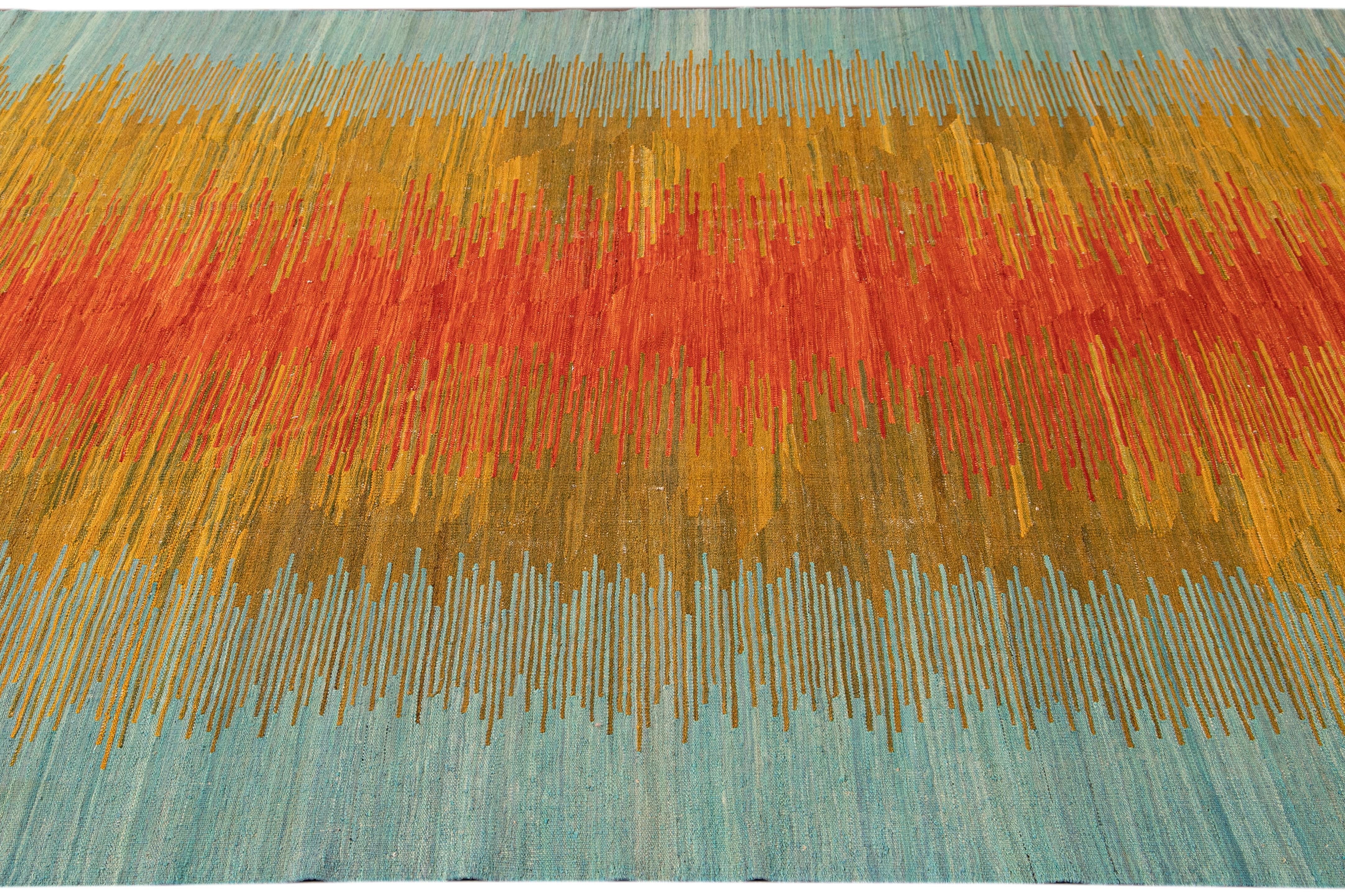 Contemporary Modern Kilim Flatweave Multicolor Abstract Wool Rug For Sale