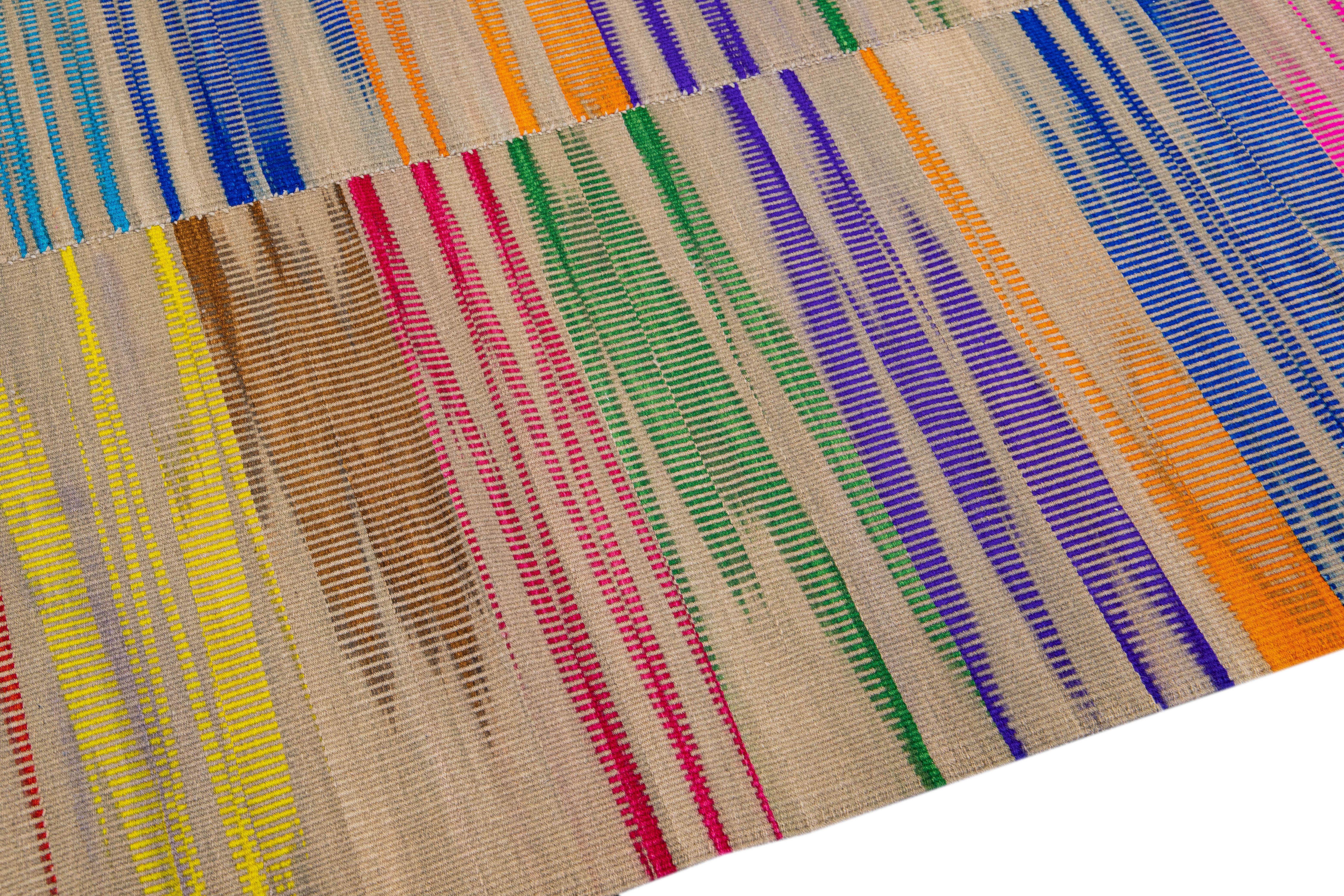 Modern Kilim Flatweave Multicolor Abstract Wool Rug For Sale 1