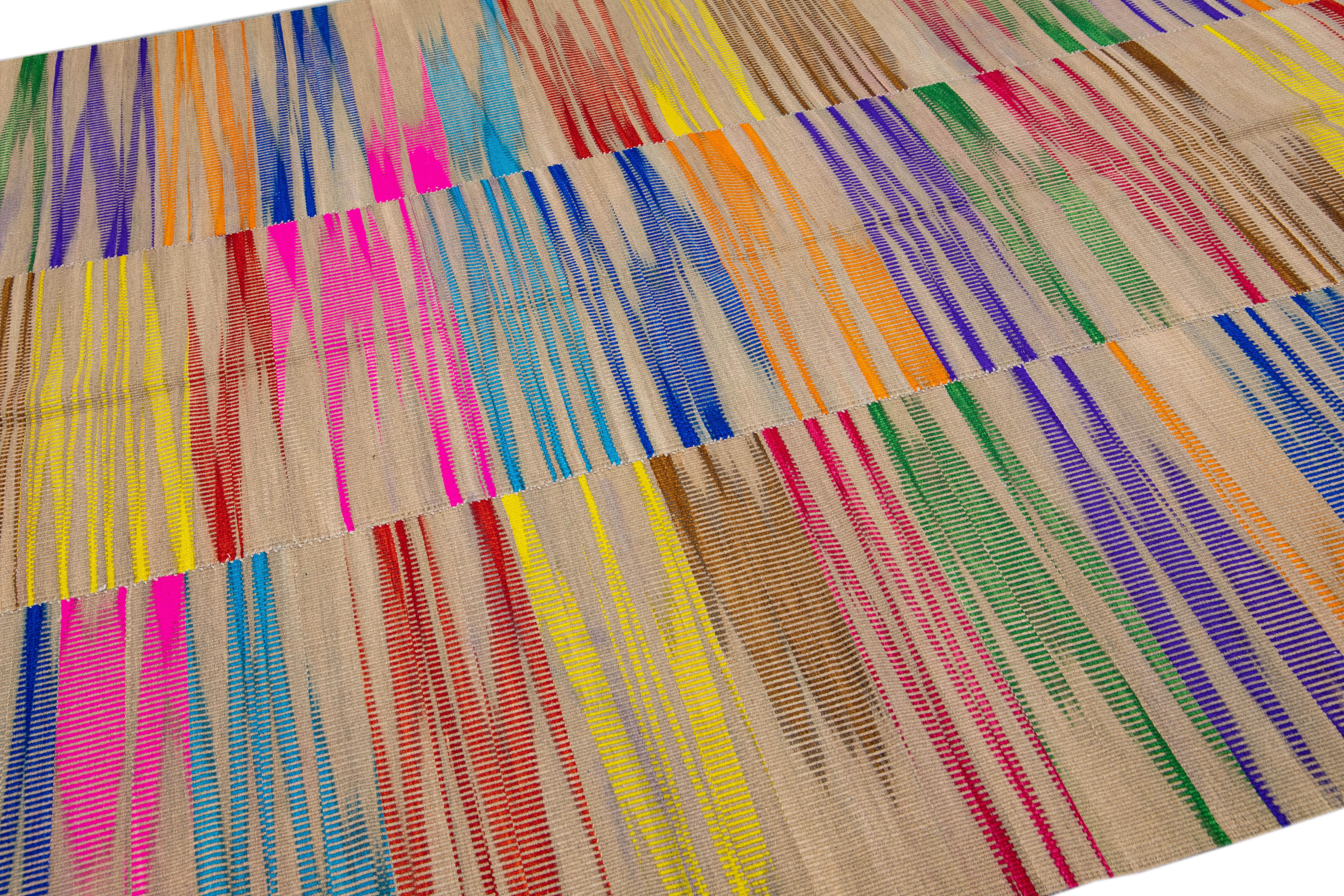 Modern Kilim Flatweave Multicolor Abstract Wool Rug For Sale 2
