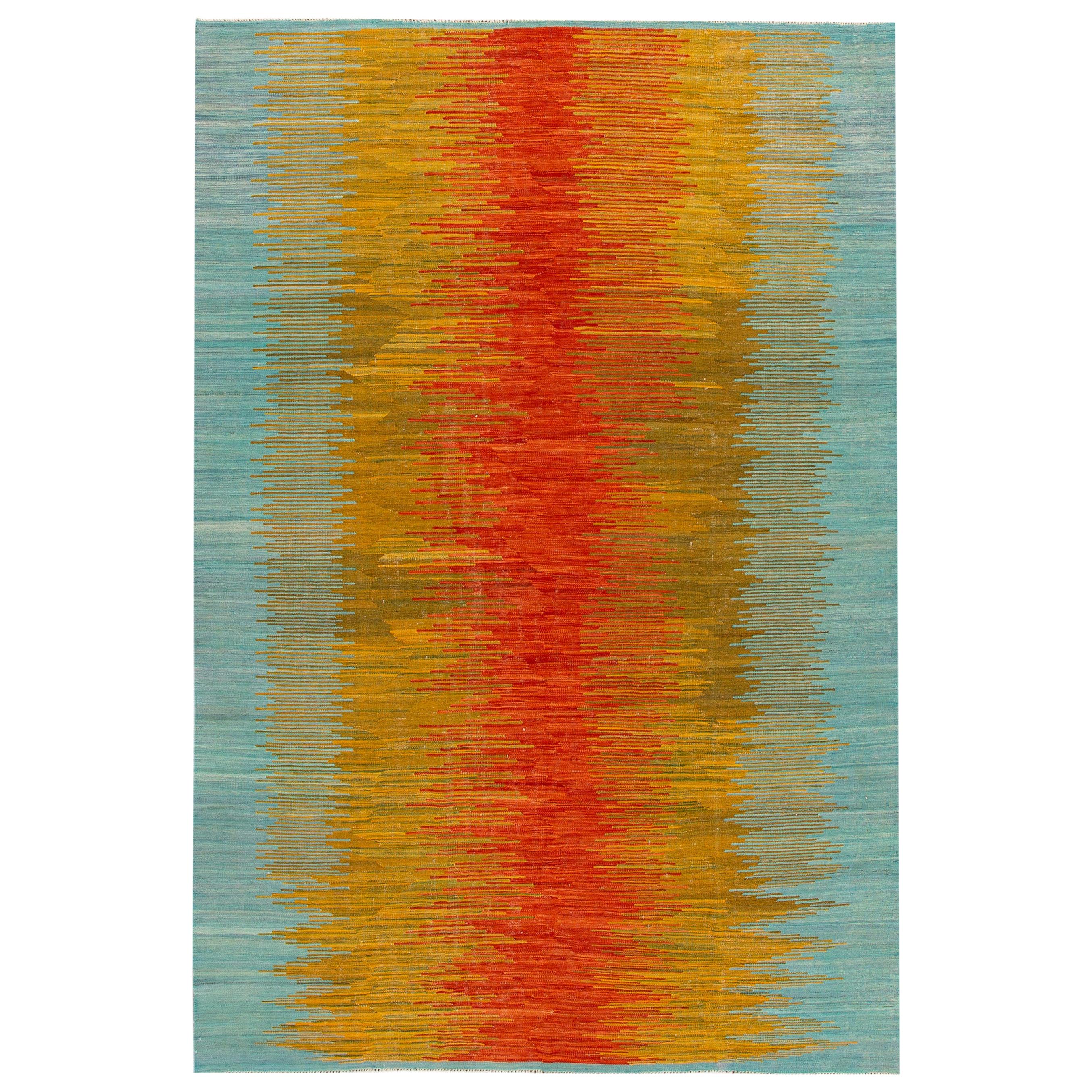 Modern Kilim Flatweave Multicolor Abstract Wool Rug For Sale
