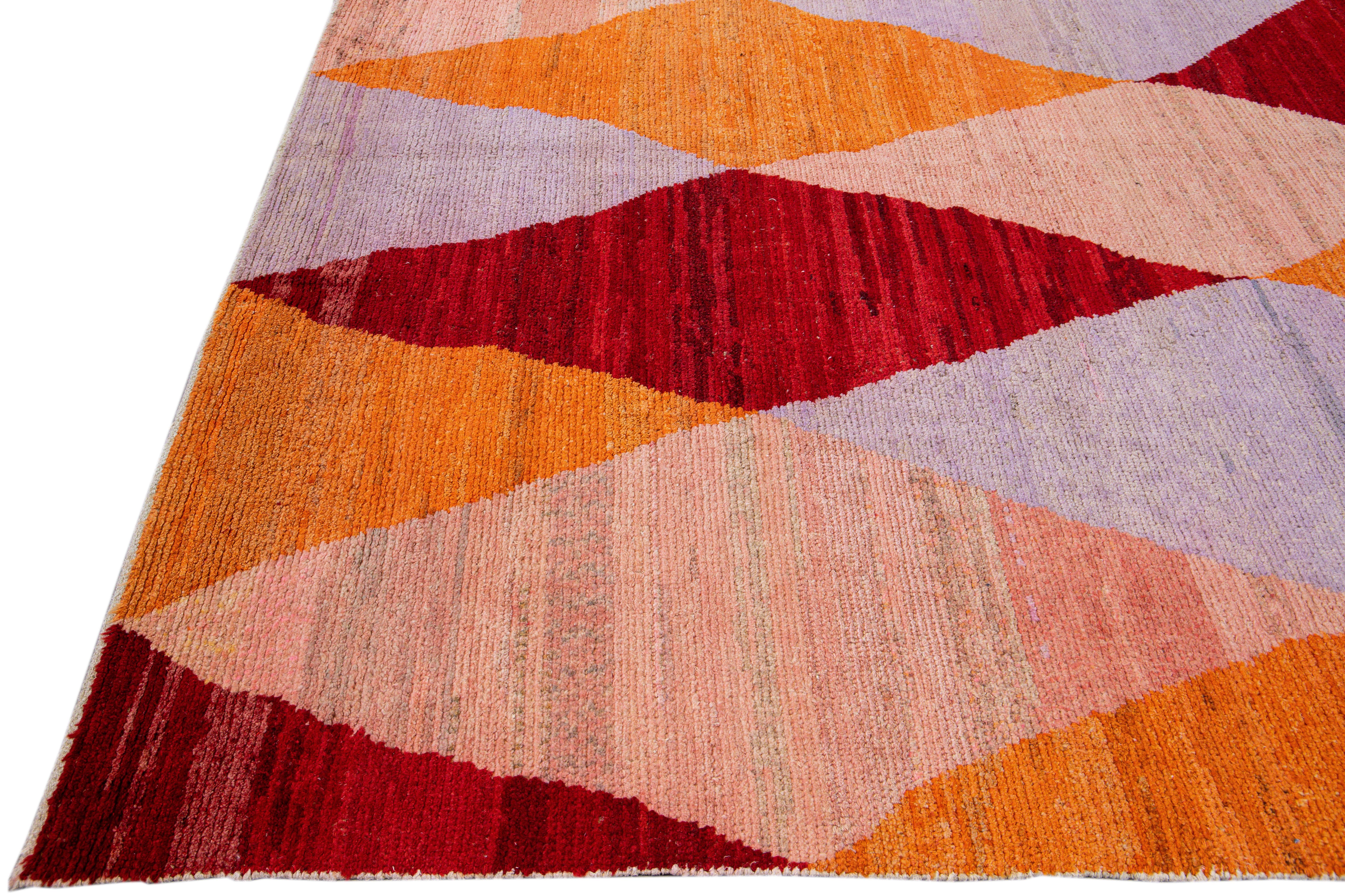 Hand-Knotted Modern Turkish Multicolor Geometric Diamond Pattern Wool Rug For Sale