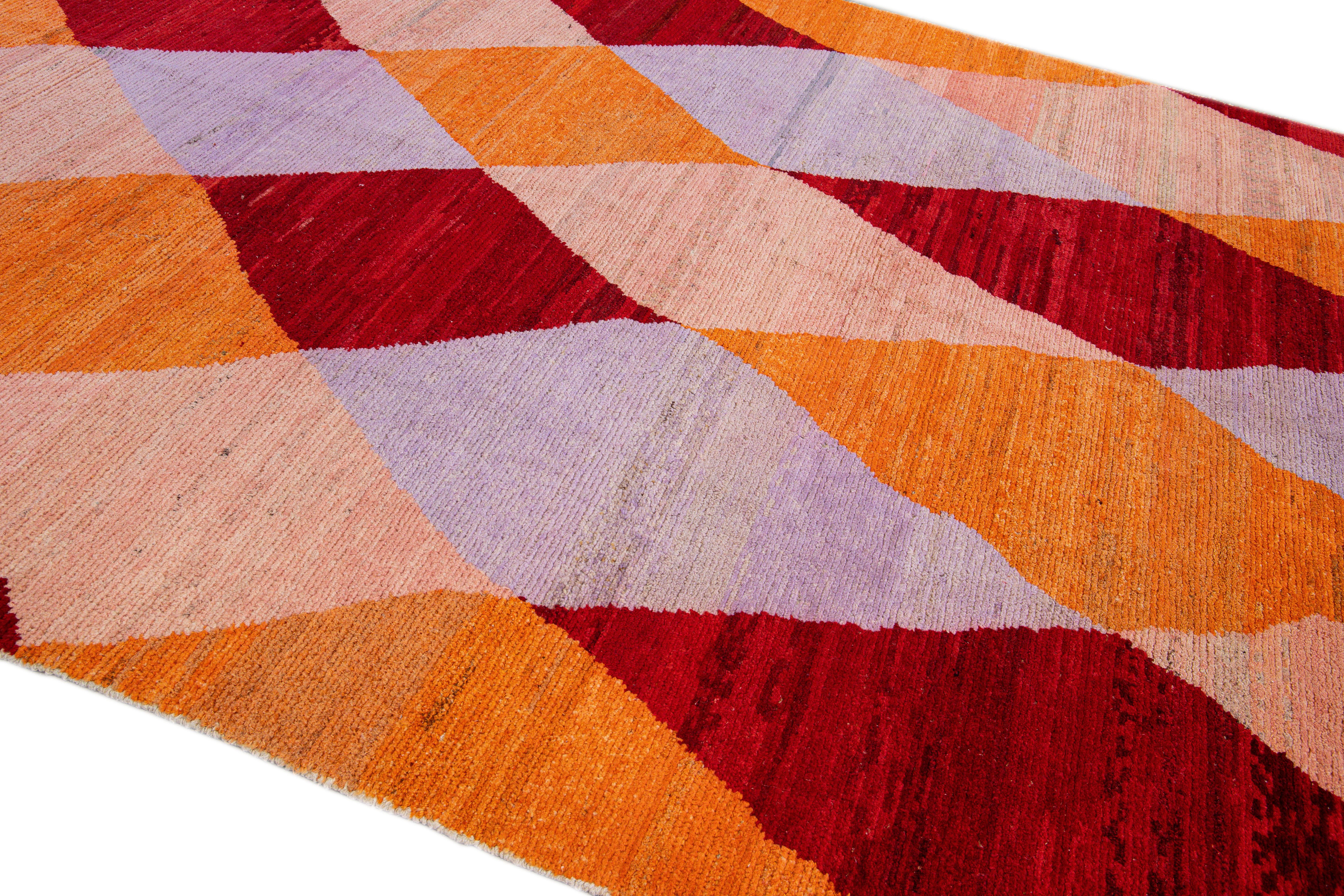 Contemporary Modern Turkish Multicolor Geometric Diamond Pattern Wool Rug For Sale