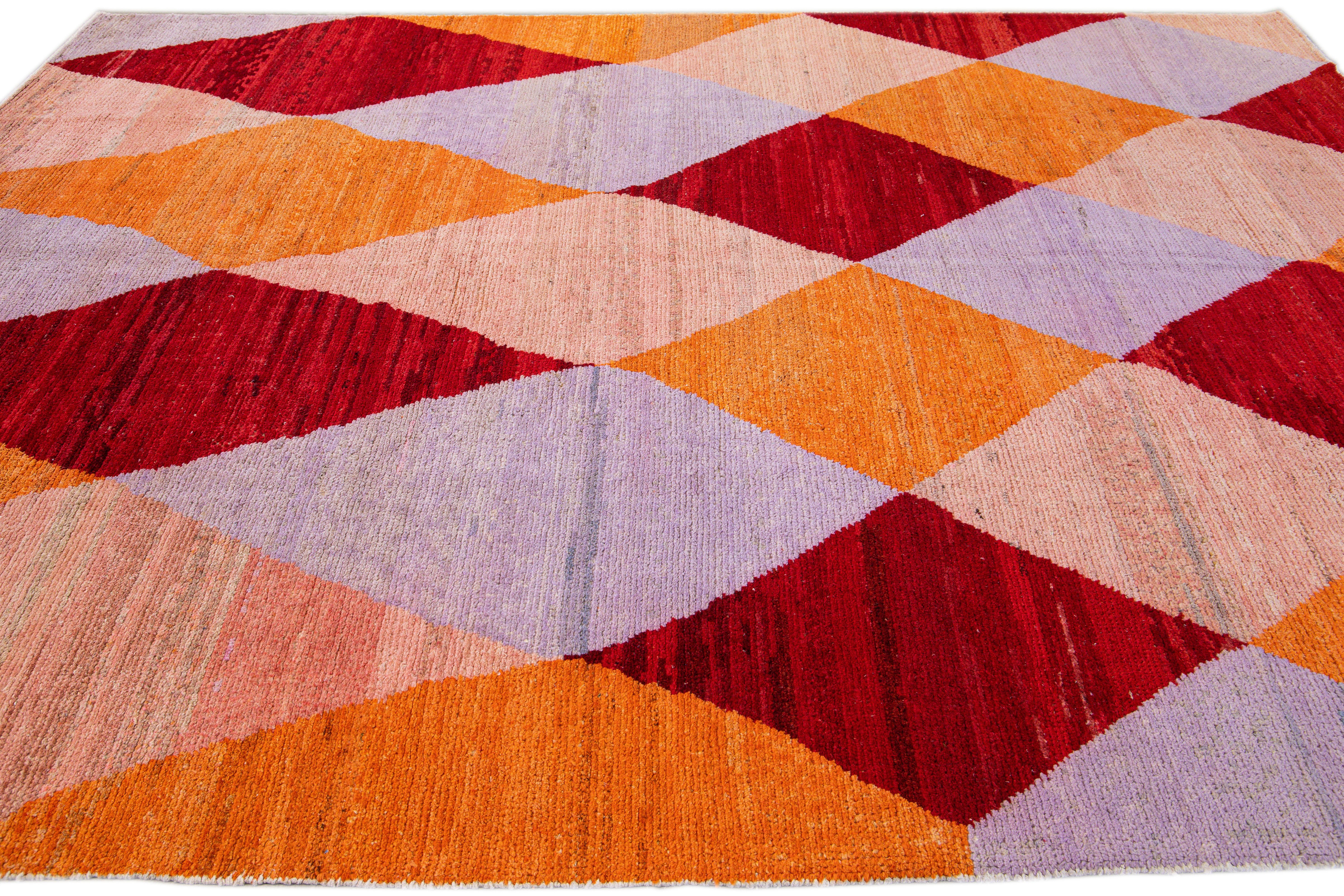 Modern Turkish Multicolor Geometric Diamond Pattern Wool Rug For Sale 1