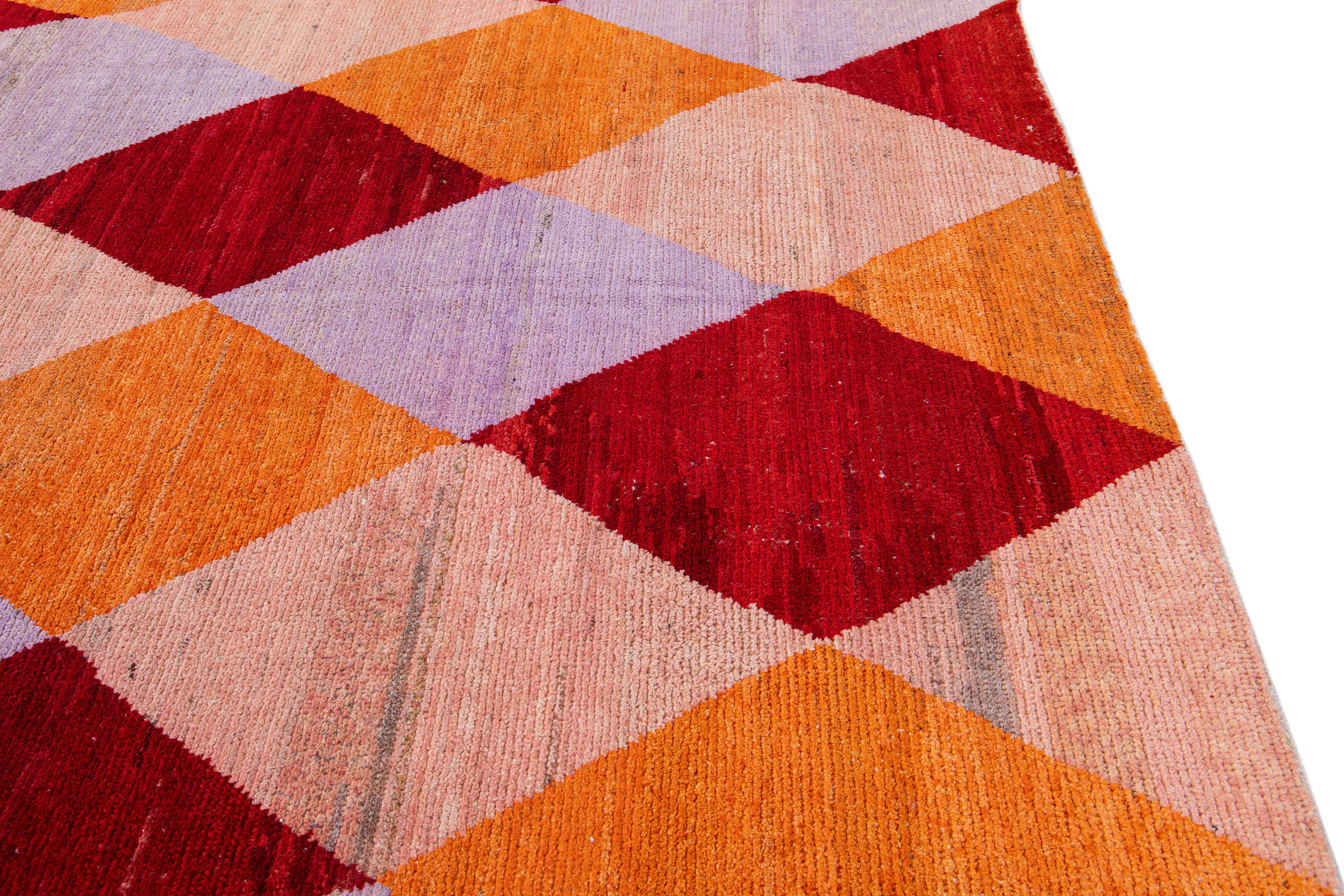 Modern Turkish Multicolor Geometric Diamond Pattern Wool Rug For Sale 3