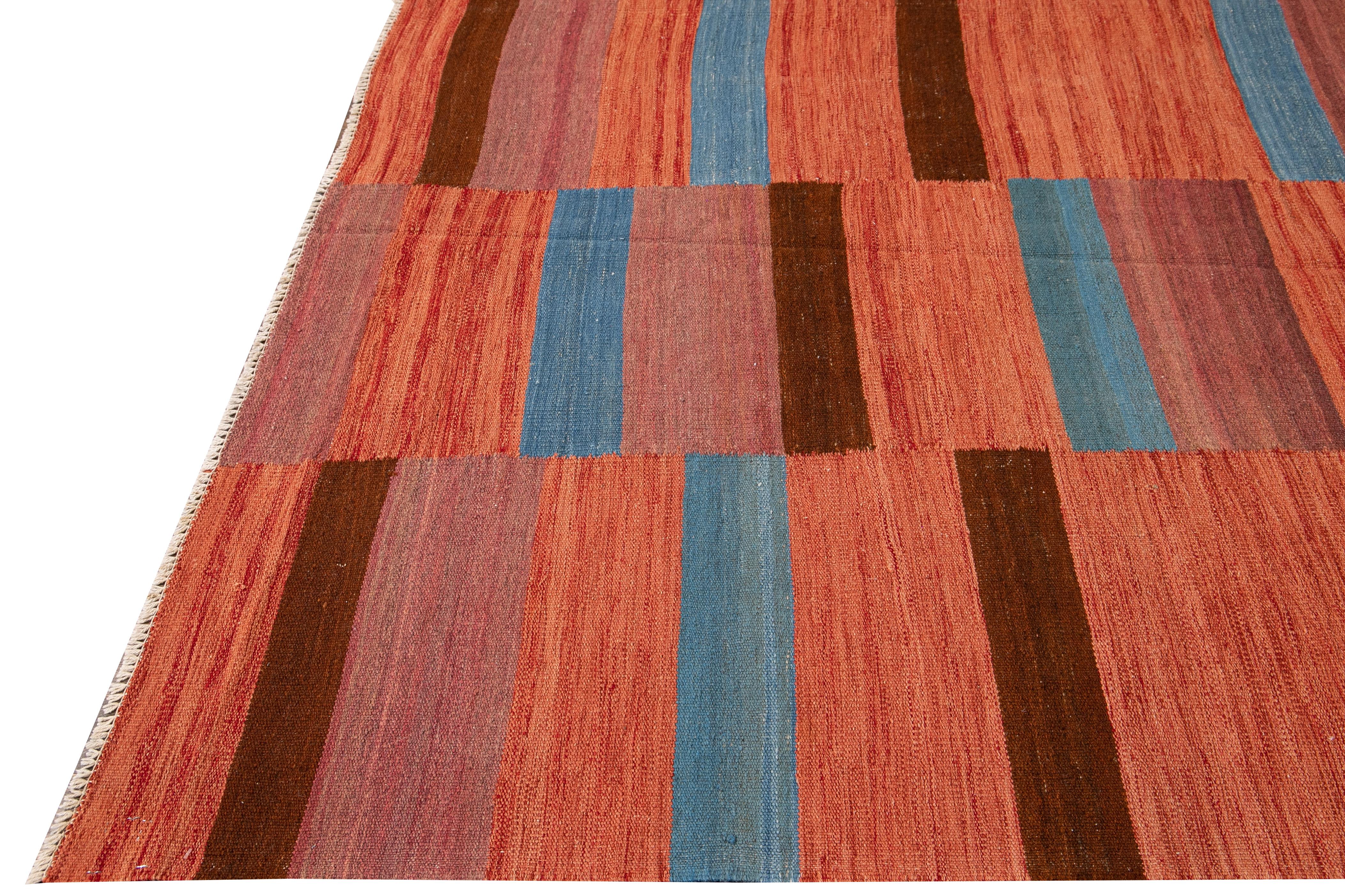 Afghan Modern Kilim Flatweave Orange Geometric Abstract Wool Rug For Sale