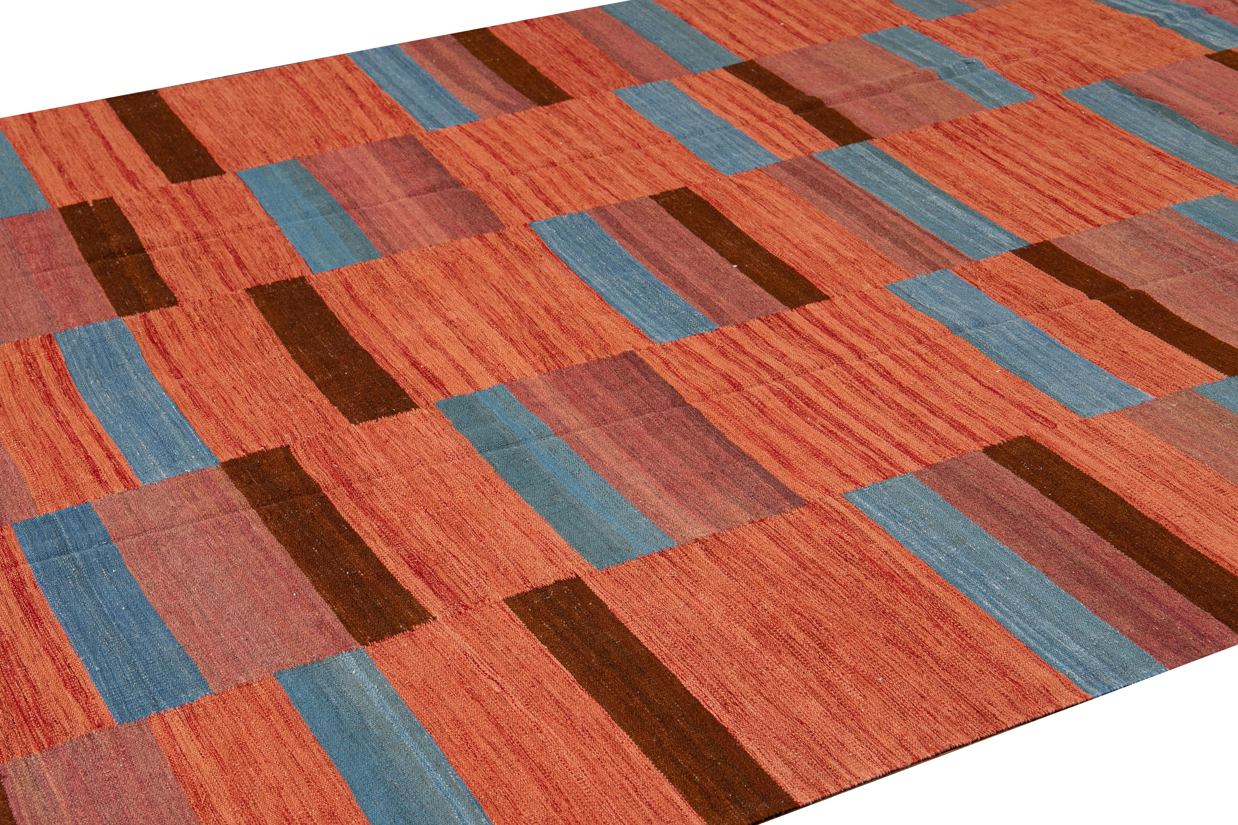 Hand-Knotted Modern Kilim Flatweave Orange Geometric Abstract Wool Rug For Sale