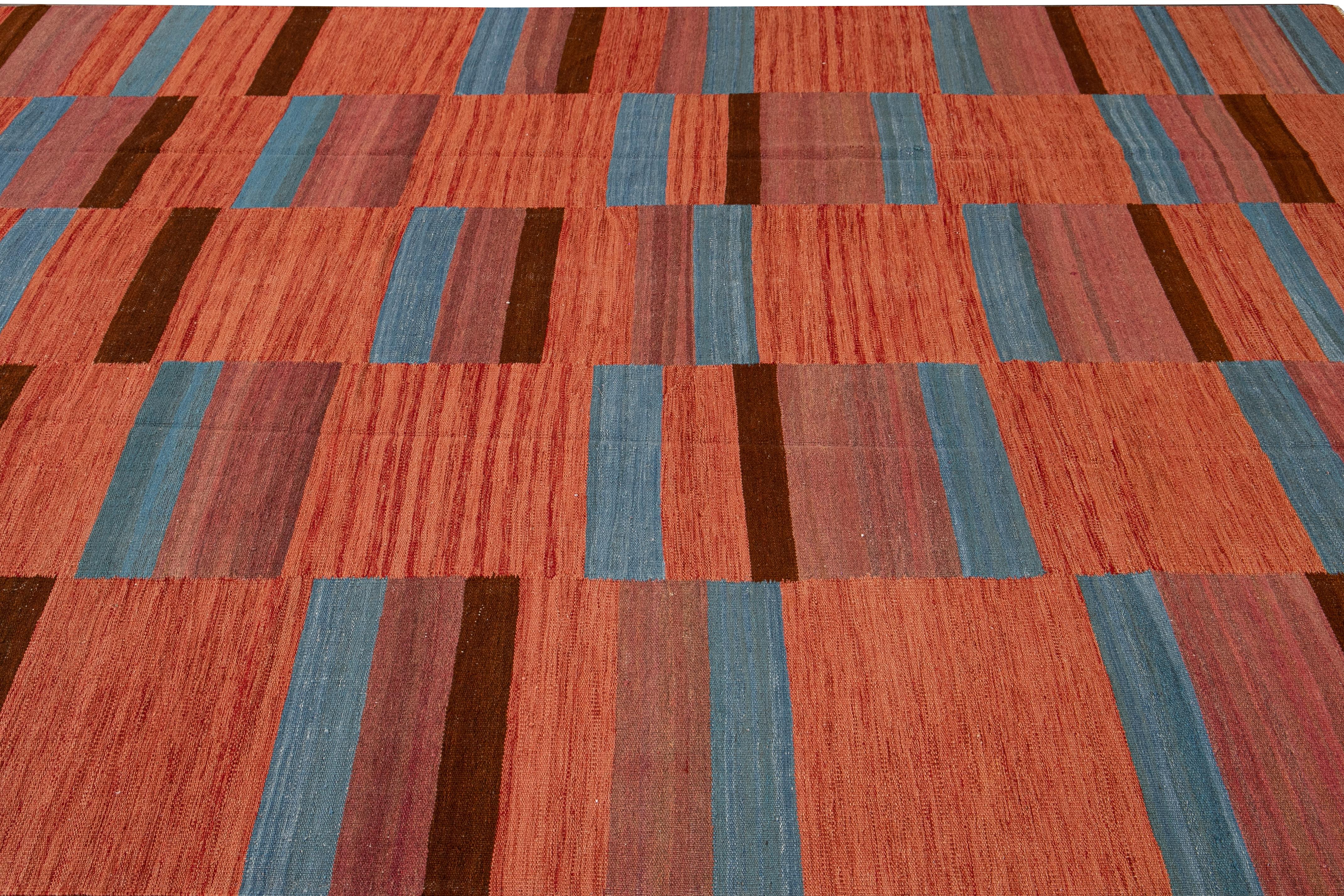Modern Kilim Flatweave Orange Geometric Abstract Wool Rug In New Condition For Sale In Norwalk, CT
