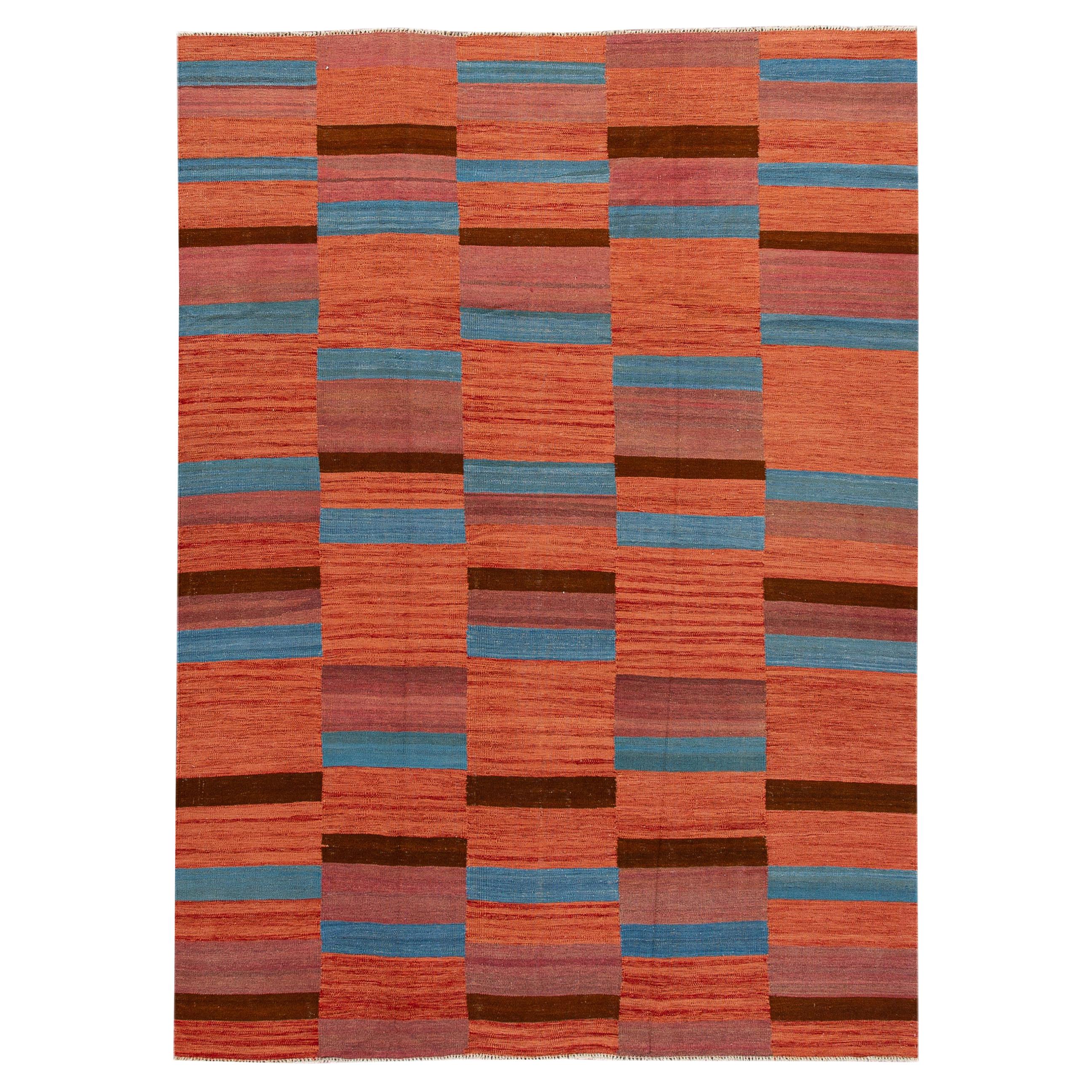 Modern Kilim Flatweave Orange Geometric Abstract Wool Rug For Sale