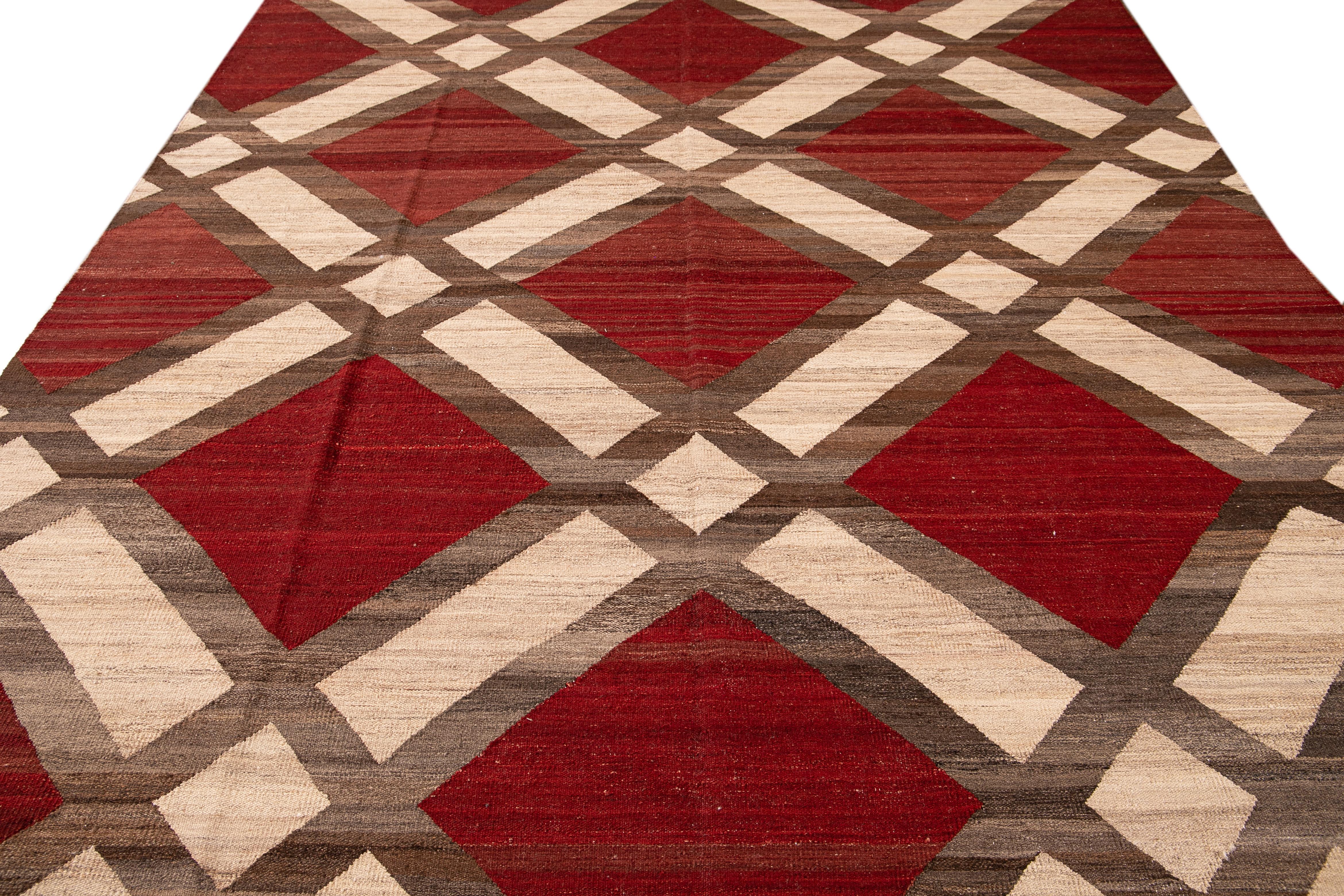 Afghan Modern Kilim Flatweave Red and Beige Geometric Wool Rug For Sale