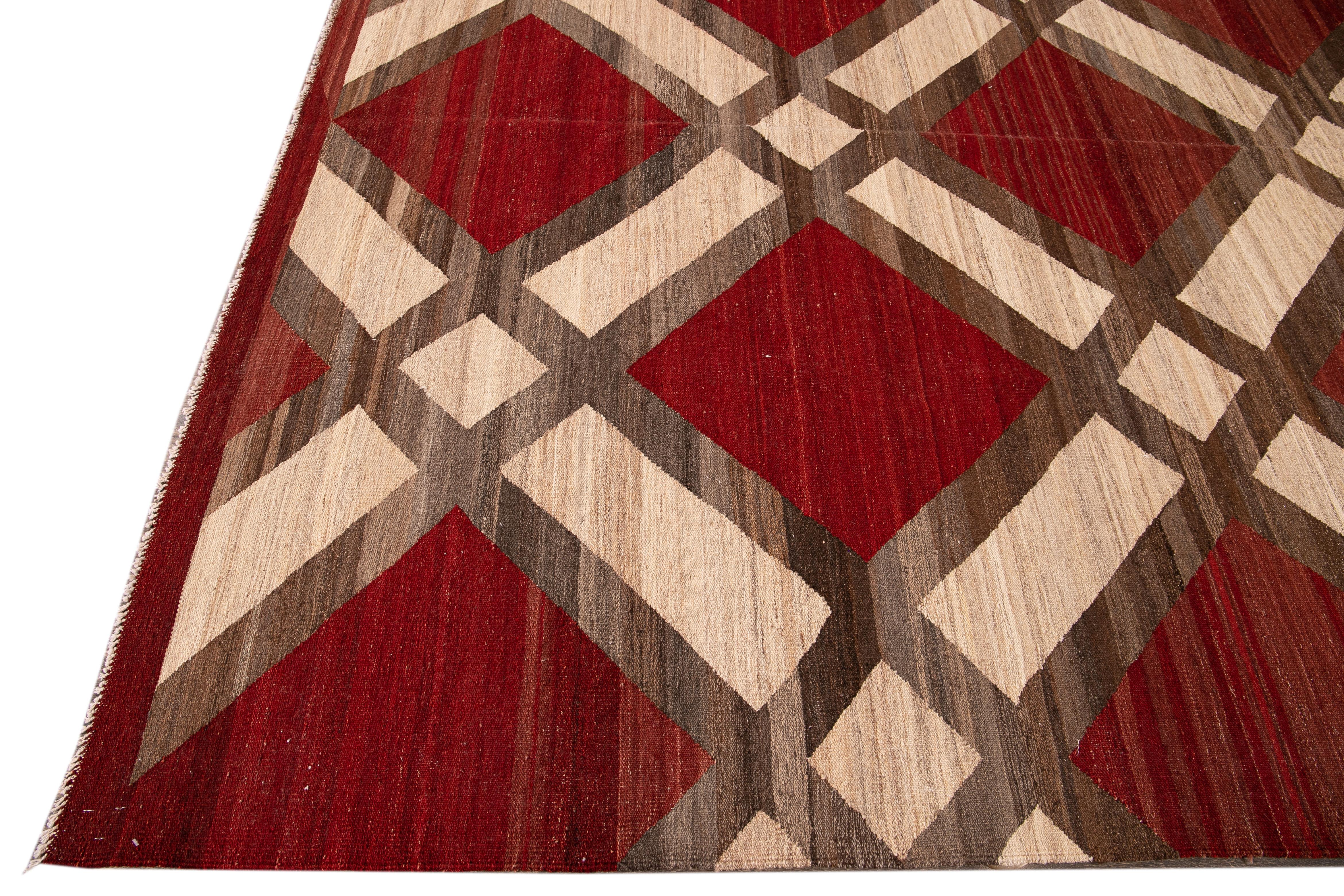 Hand-Knotted Modern Kilim Flatweave Red and Beige Geometric Wool Rug For Sale