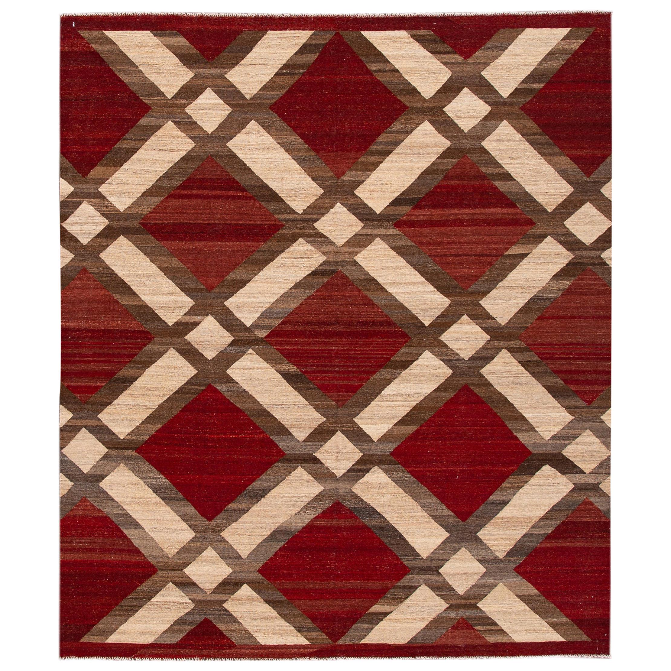 Modern Kilim Flatweave Red and Beige Geometric Wool Rug For Sale