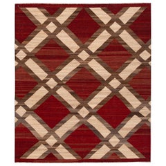 Tapis Kilim moderne en laine géométrique rouge et beige à tissage plat