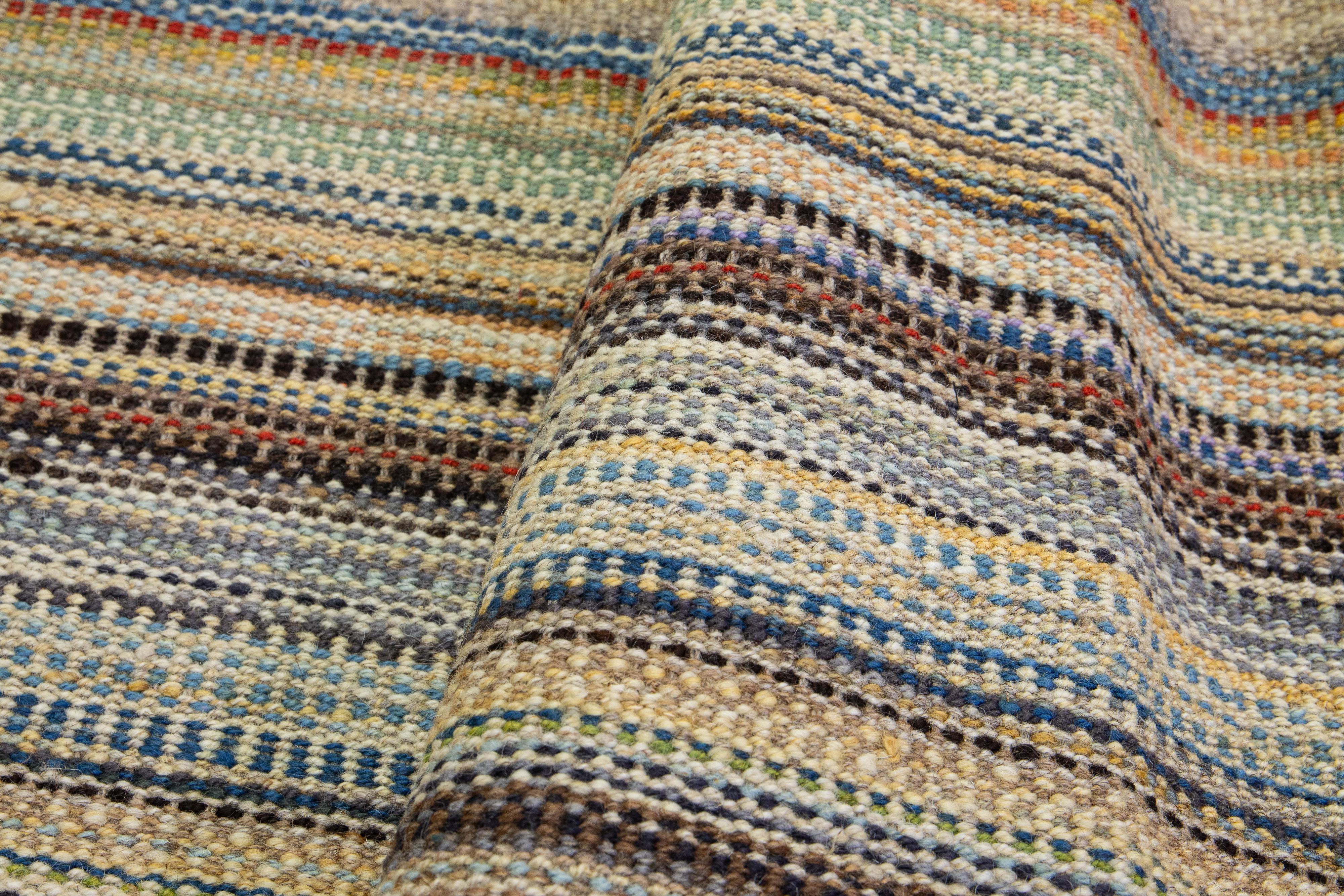 Kilim Modern kilim flatweave wool rug Handmade with Multicolor Stripes For Sale