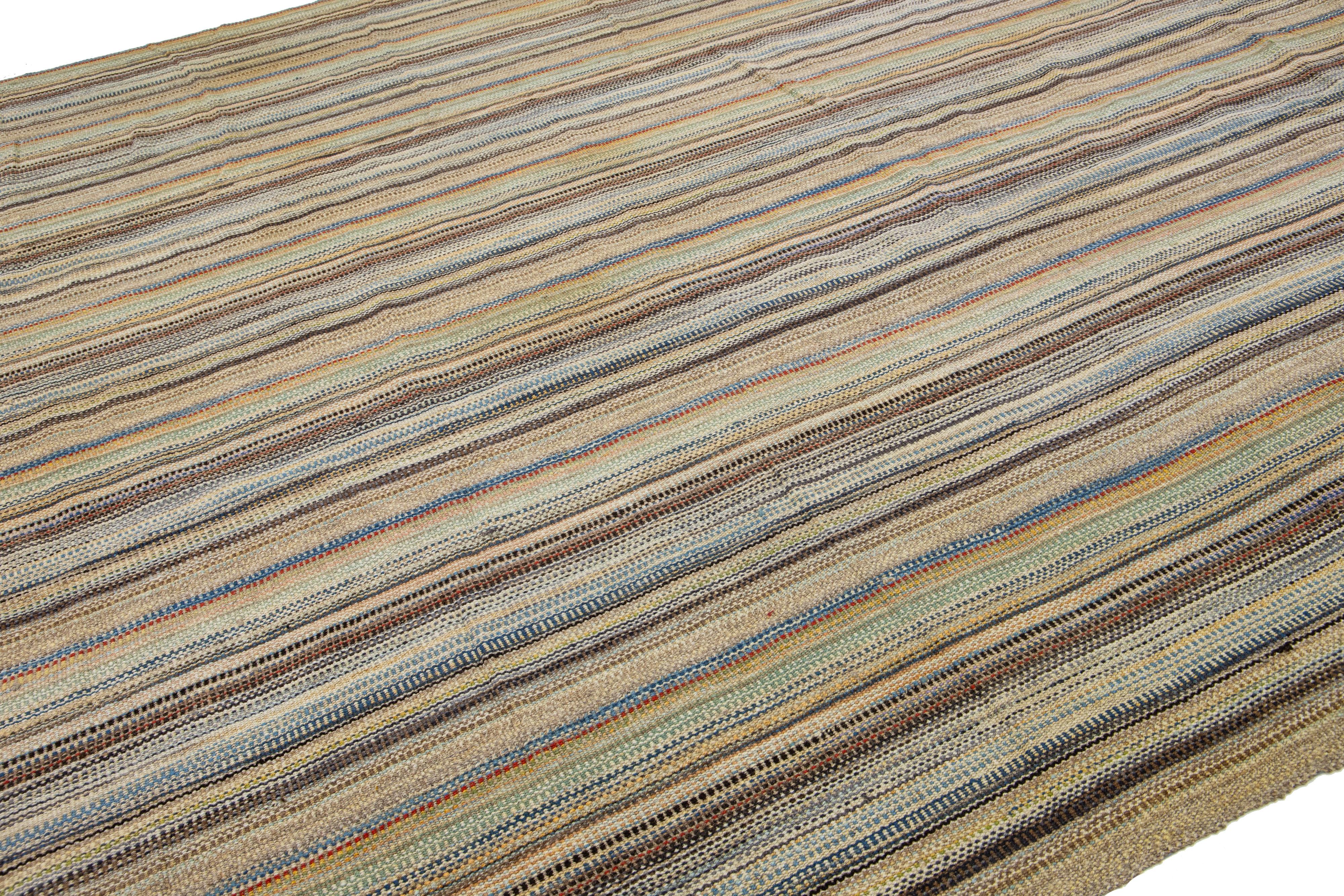 Indian Modern kilim flatweave wool rug Handmade with Multicolor Stripes For Sale