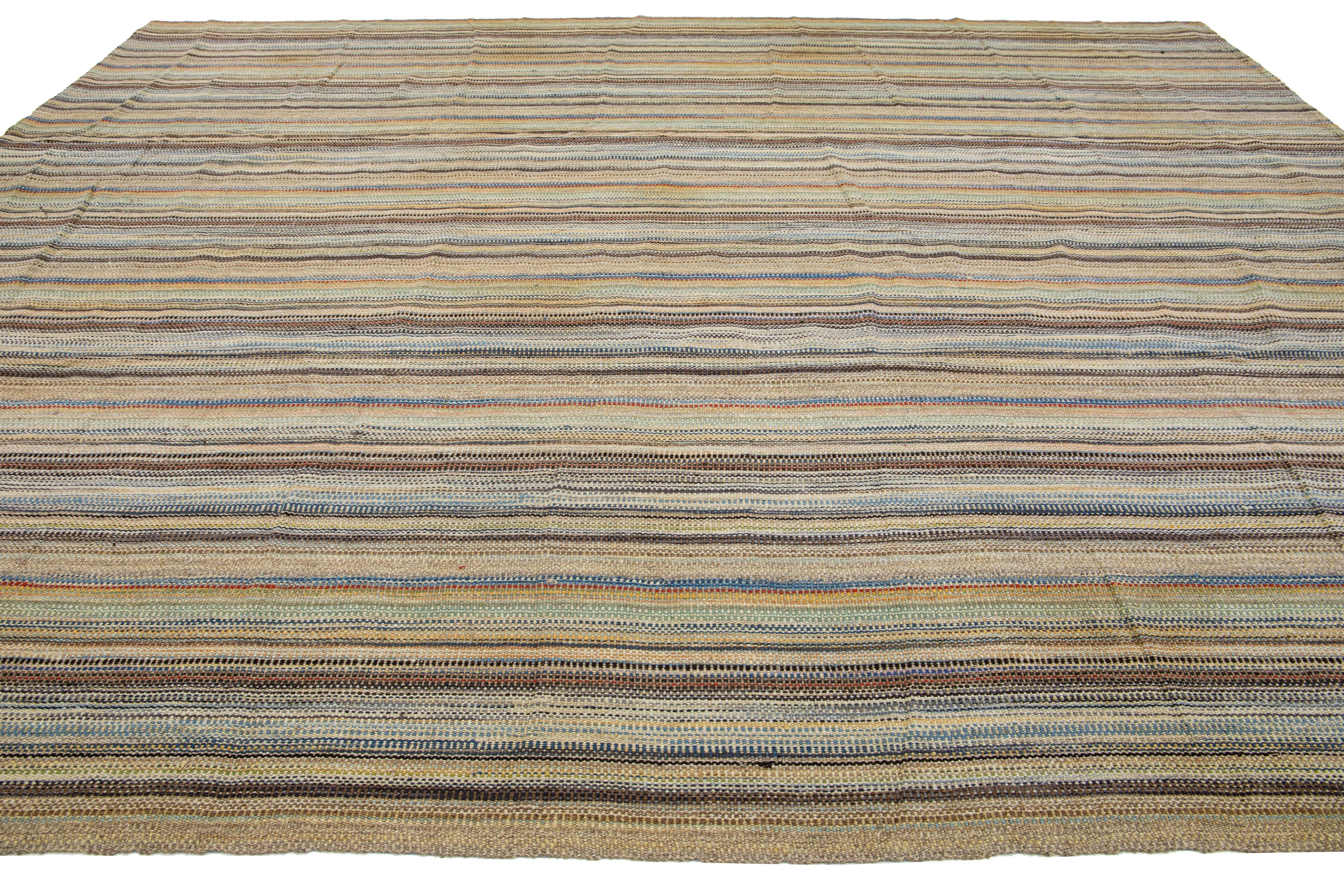 Hand-Knotted Modern kilim flatweave wool rug Handmade with Multicolor Stripes For Sale
