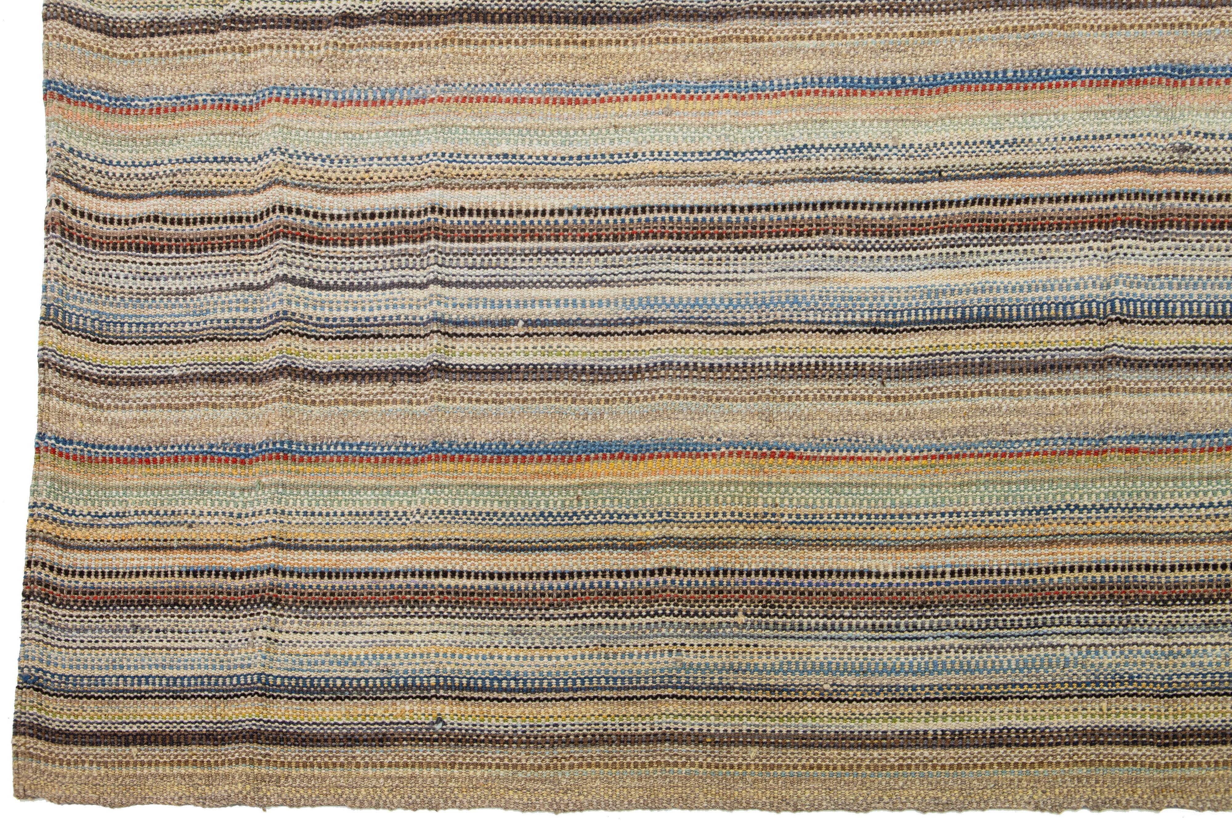 Modern kilim flatweave wool rug Handmade with Multicolor Stripes In New Condition For Sale In Norwalk, CT