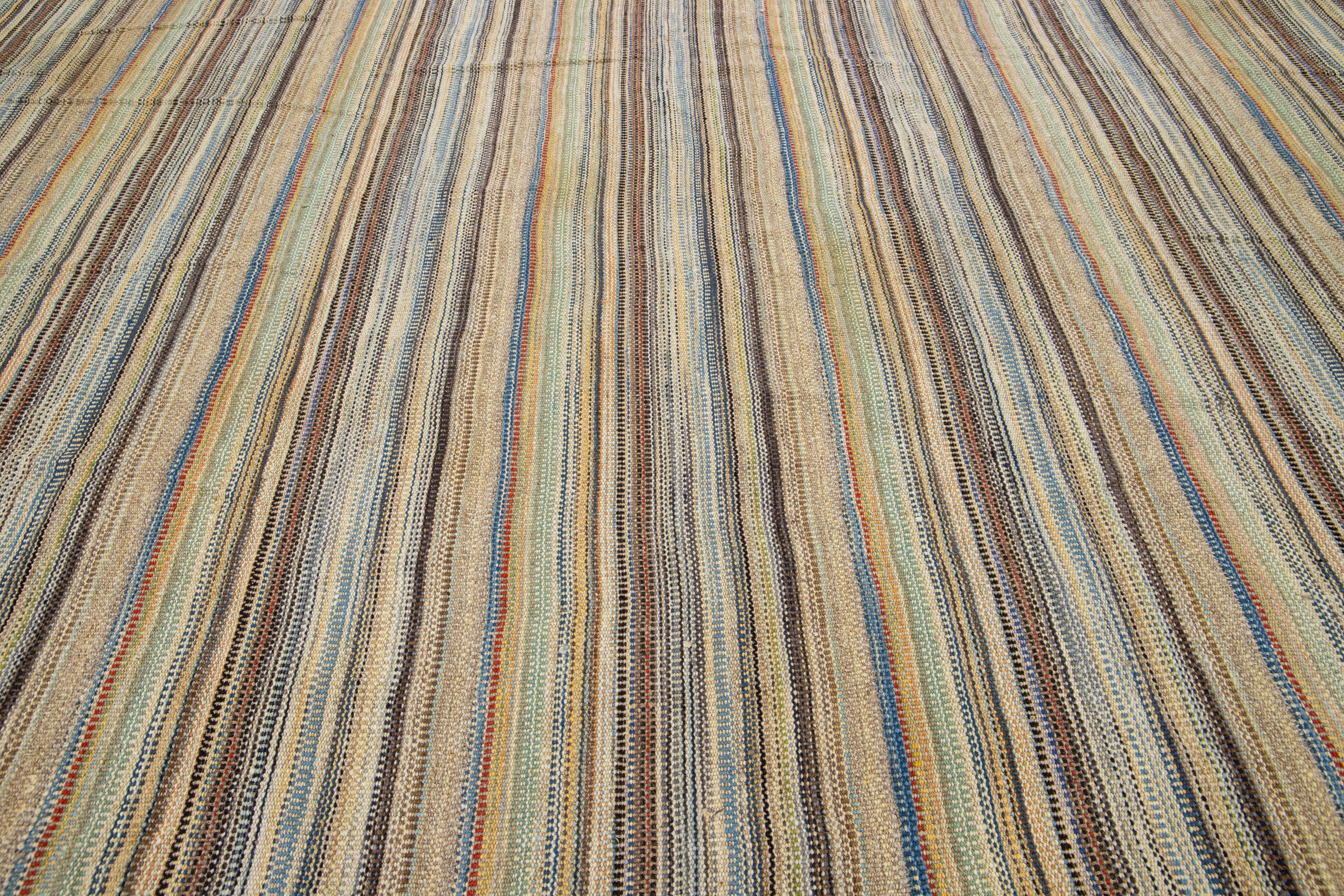 Contemporary Modern kilim flatweave wool rug Handmade with Multicolor Stripes For Sale