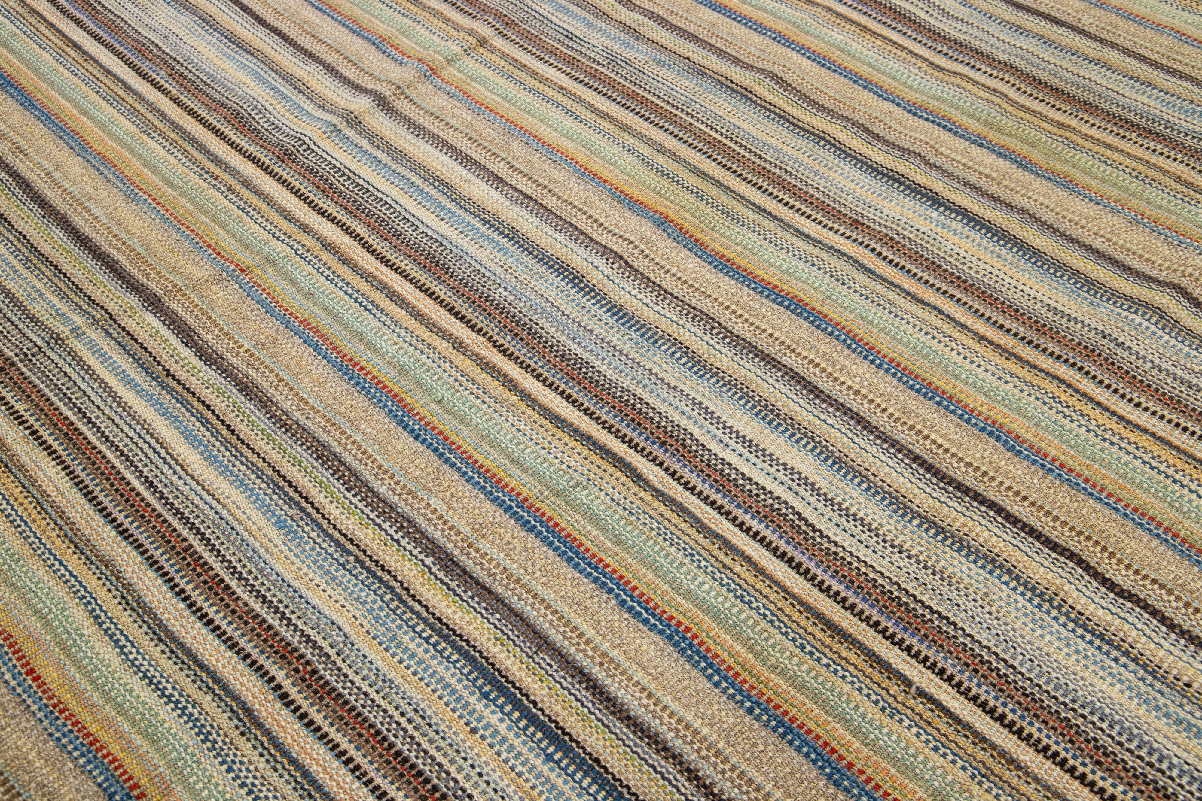 Wool Modern kilim flatweave wool rug Handmade with Multicolor Stripes For Sale