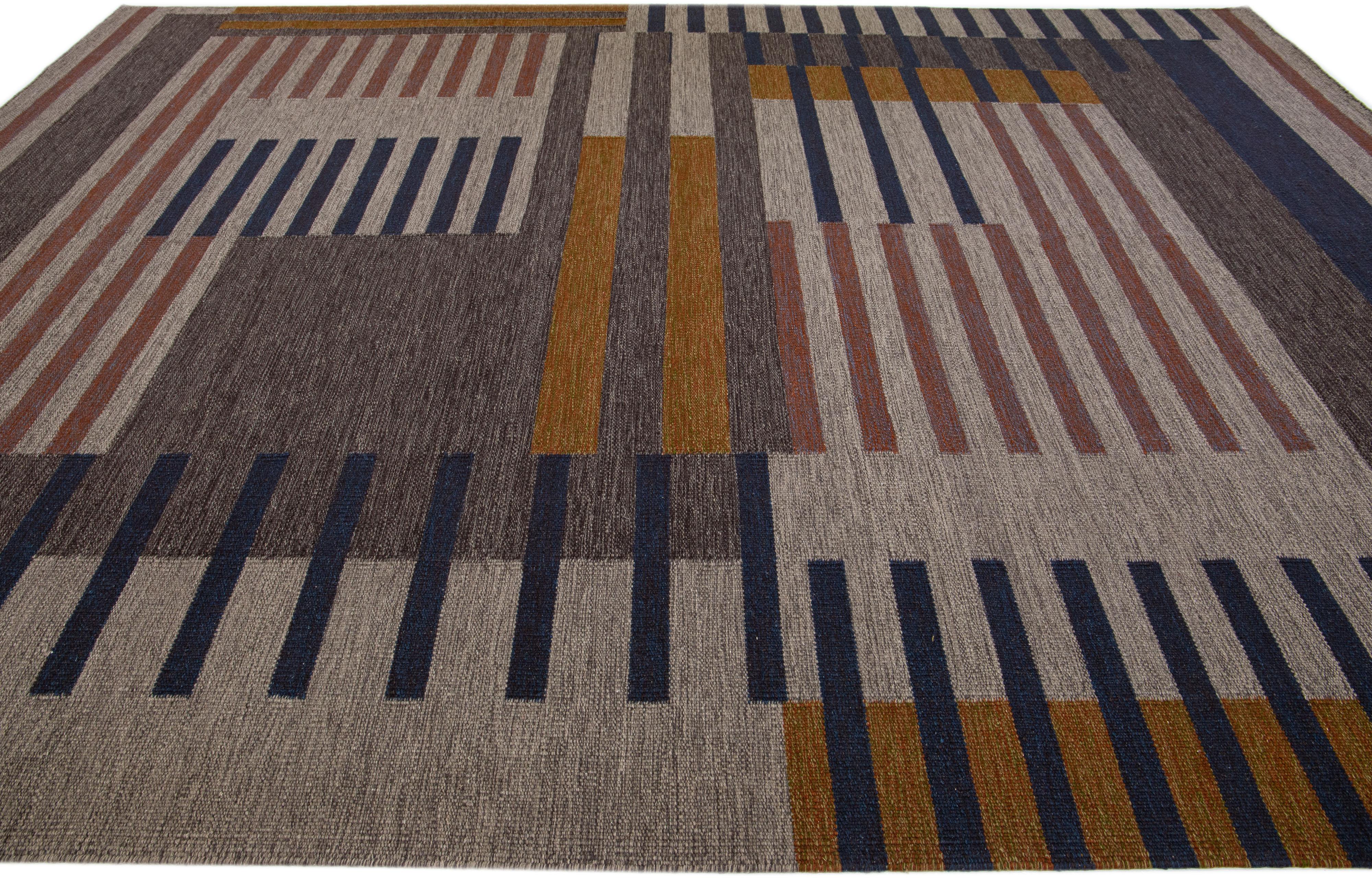 Hand-Knotted Modern Kilim Flatweave Wool Rug with Art Deco Design in Earthy Tones For Sale