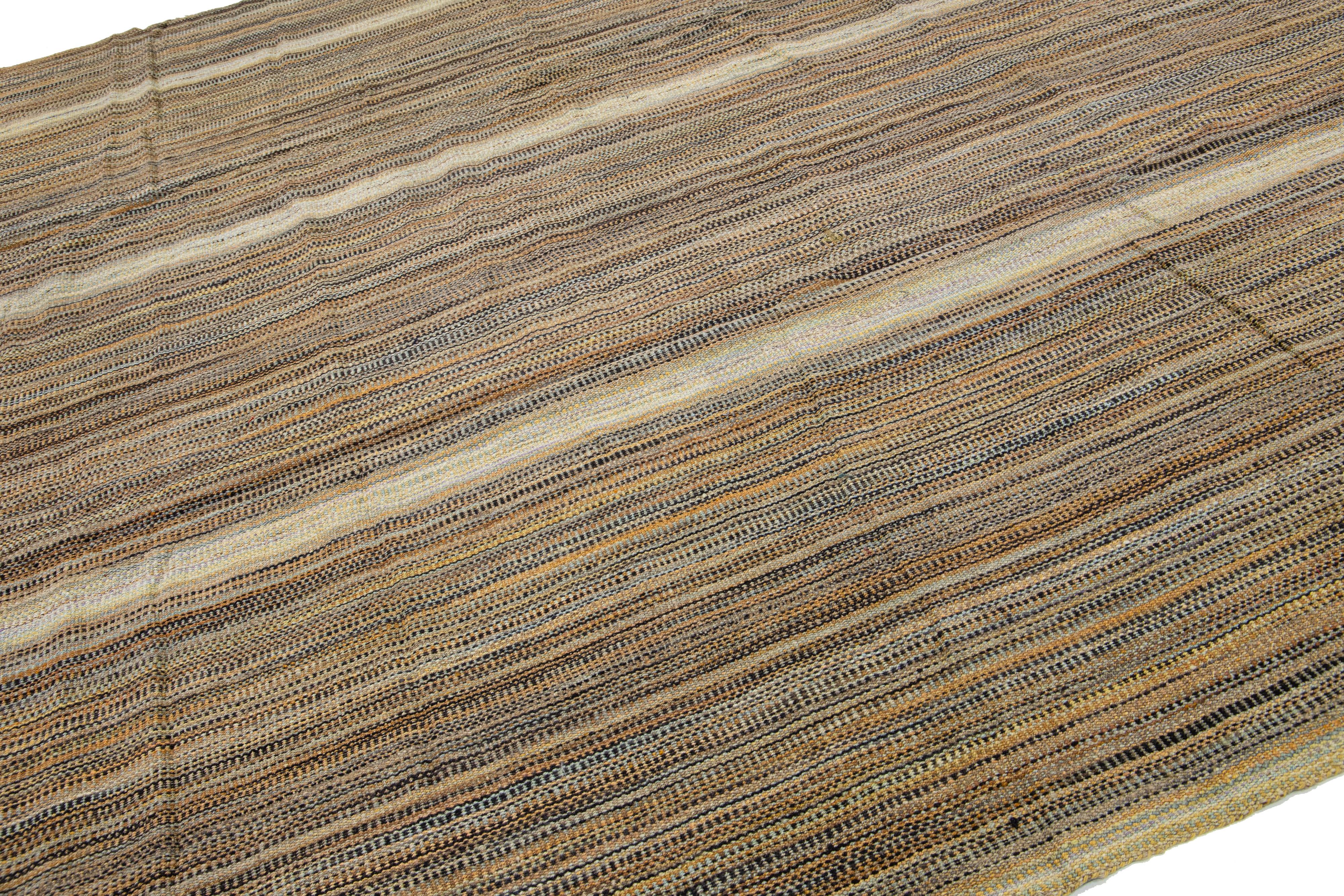 Kilim Modern kilim flatweave wool rug with Light Brown Stripes For Sale