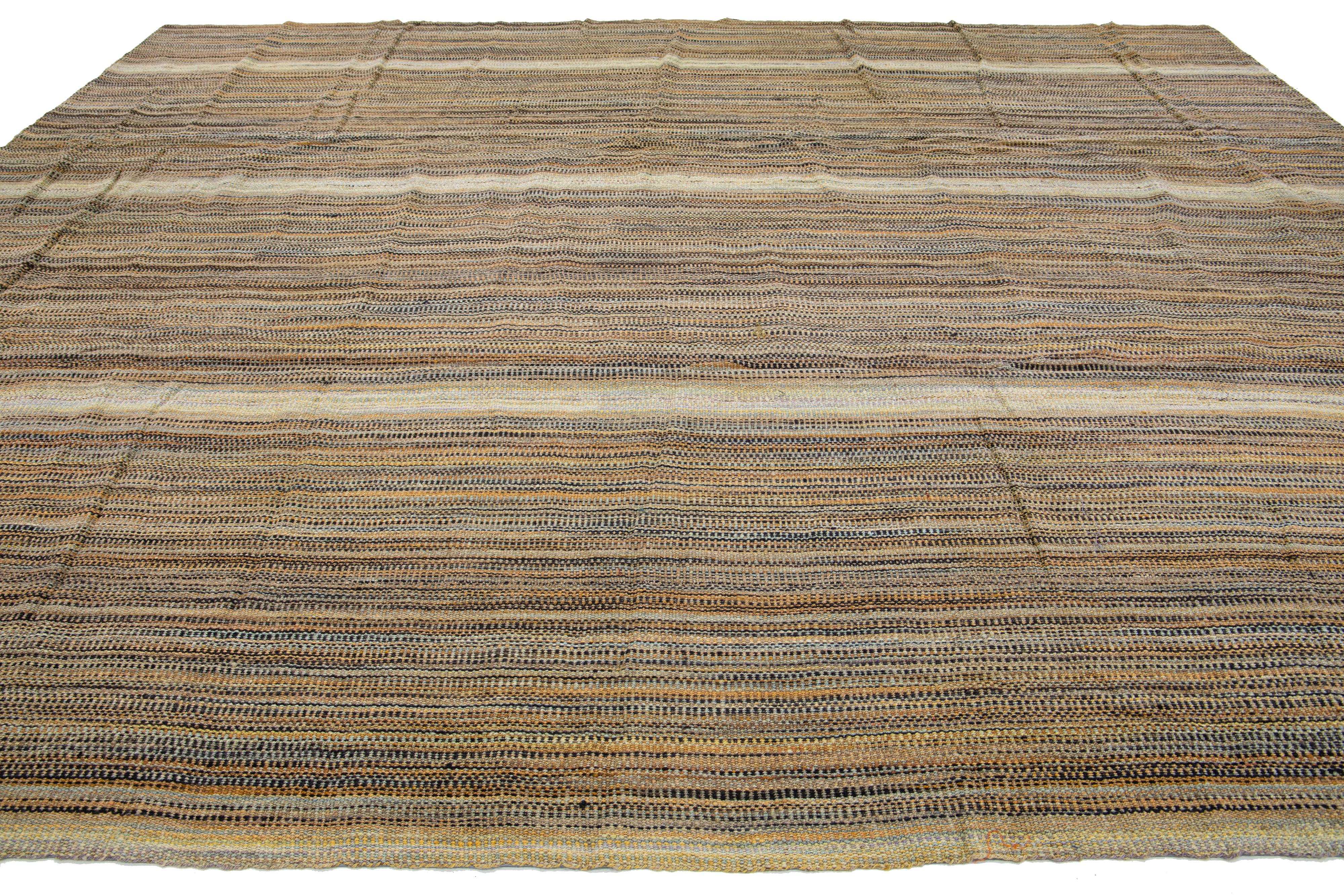 Indian Modern kilim flatweave wool rug with Light Brown Stripes For Sale
