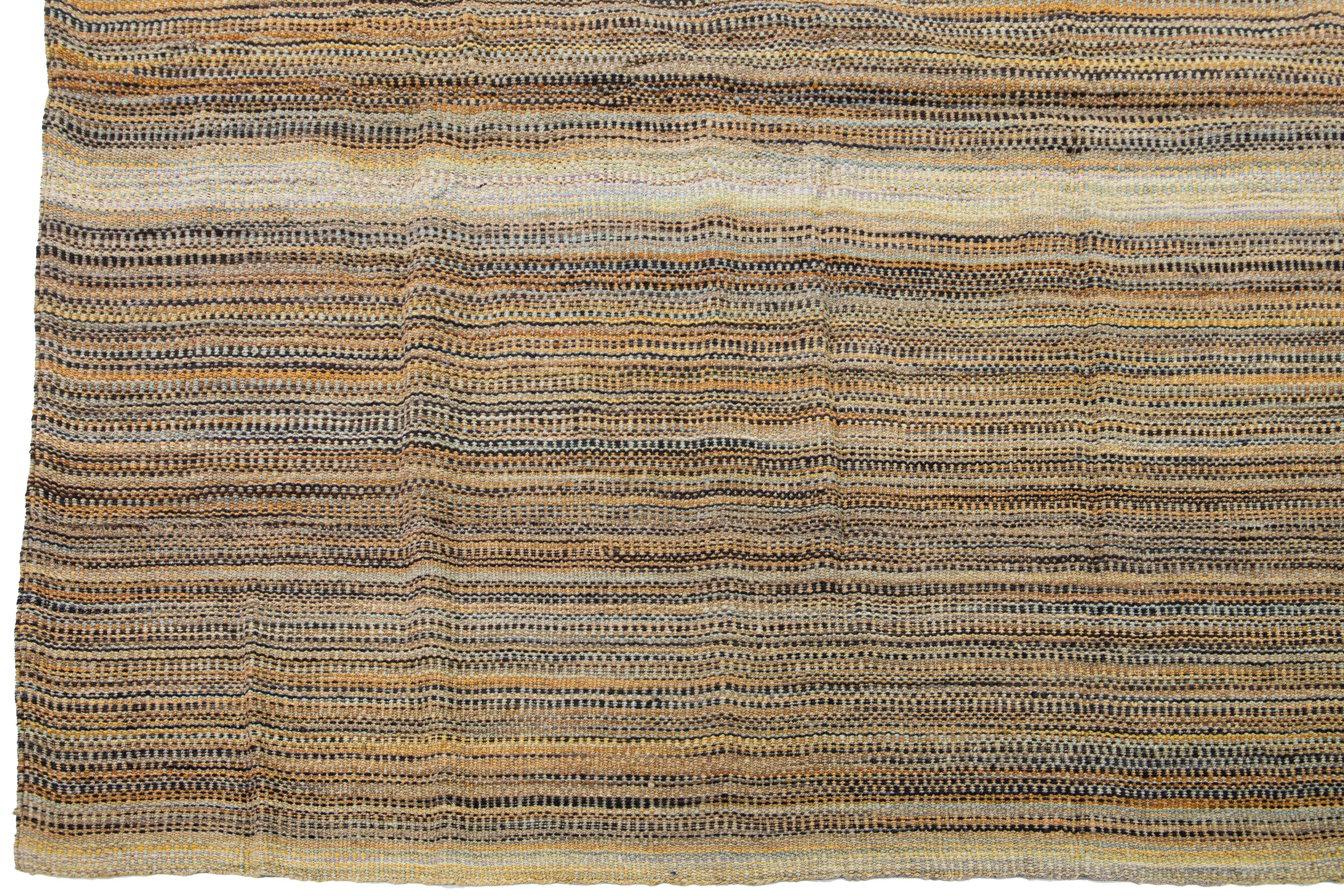 Hand-Knotted Modern kilim flatweave wool rug with Light Brown Stripes For Sale