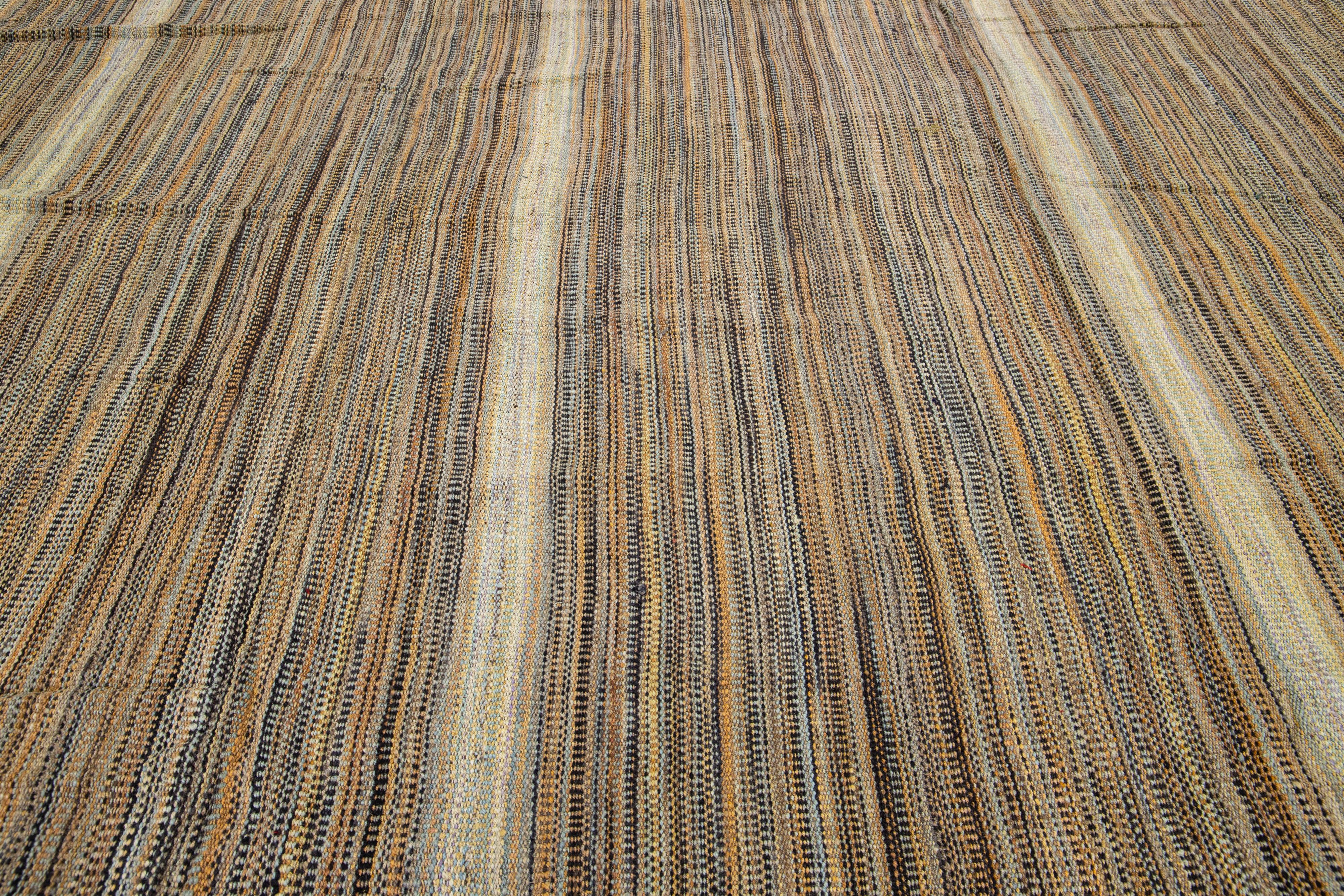 Modern kilim flatweave wool rug with Light Brown Stripes In New Condition For Sale In Norwalk, CT
