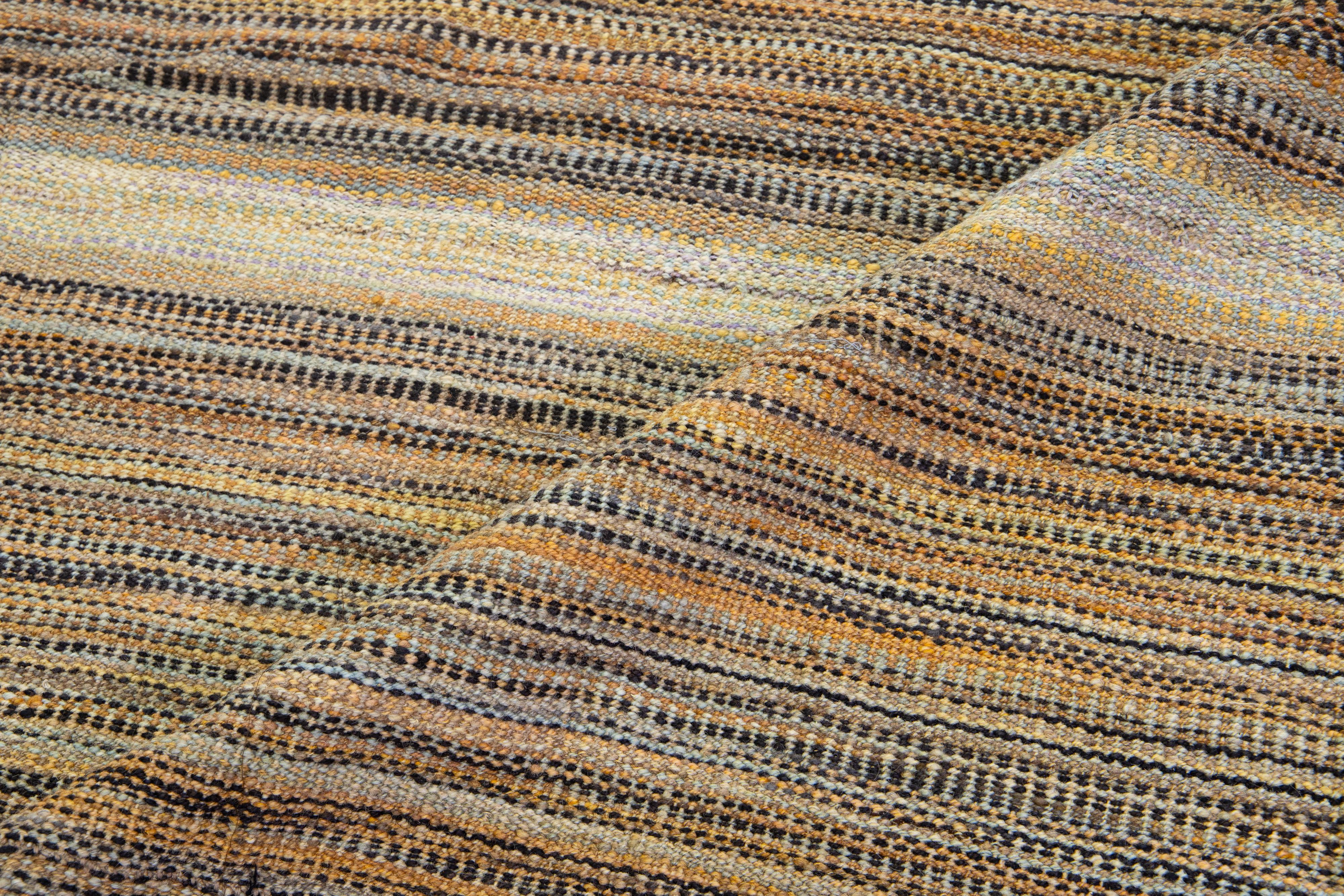 Wool Modern kilim flatweave wool rug with Light Brown Stripes For Sale