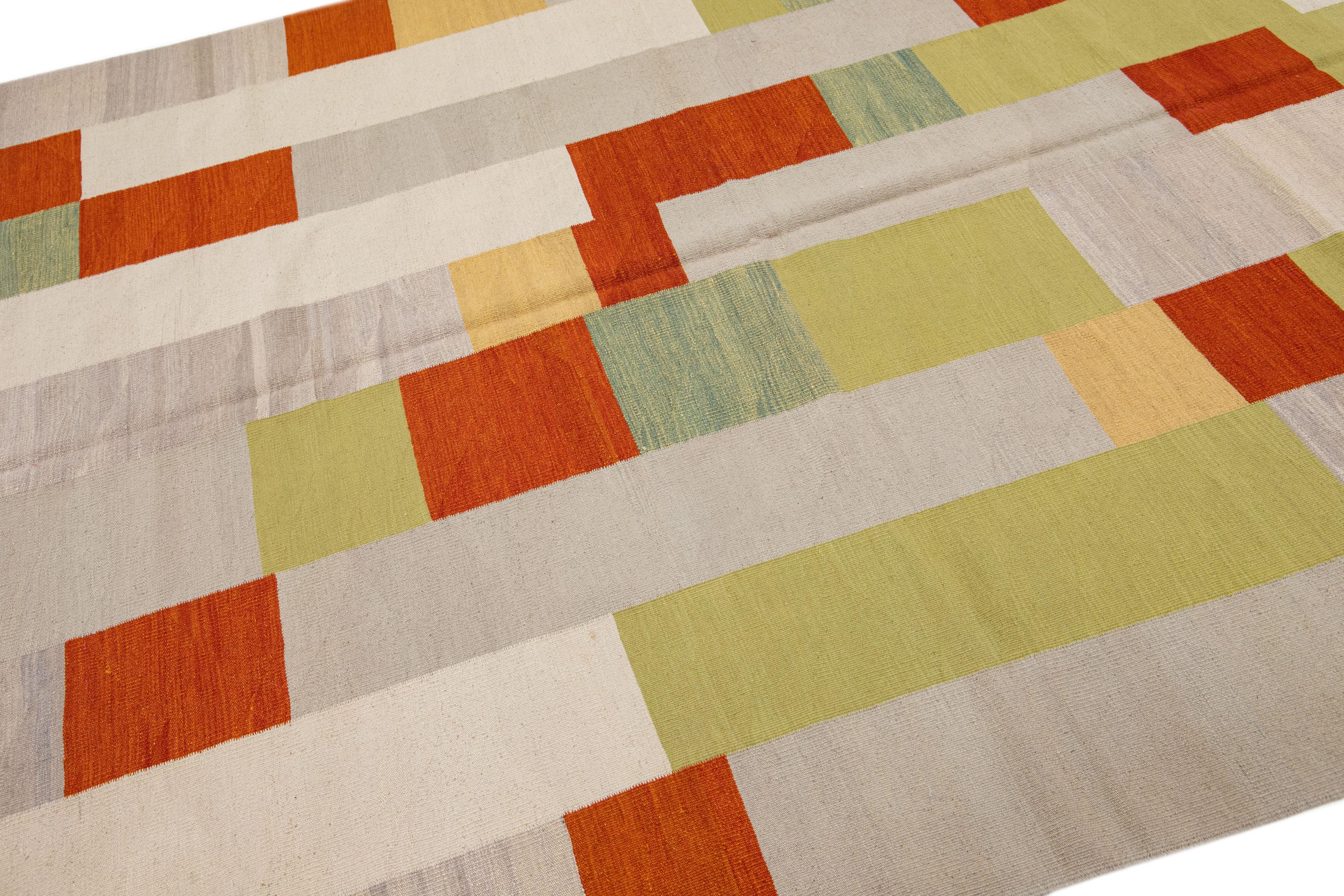 Indian Modern Kilim Flatweave Wool Rug with Multicolor Geometric Design For Sale