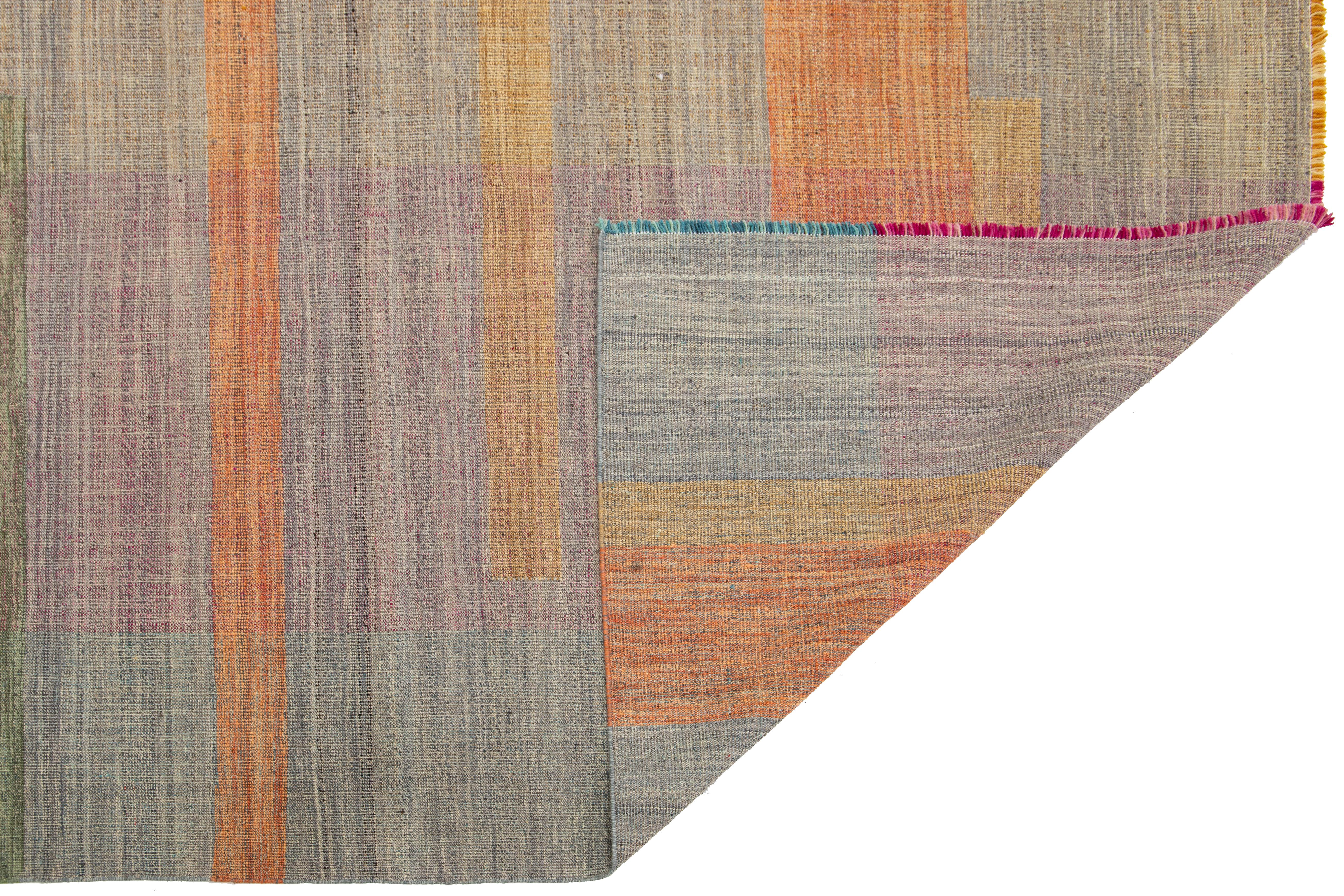 Organic Modern Modern Kilim Flatweave Wool rug With Multicolored Geometric Pattern For Sale