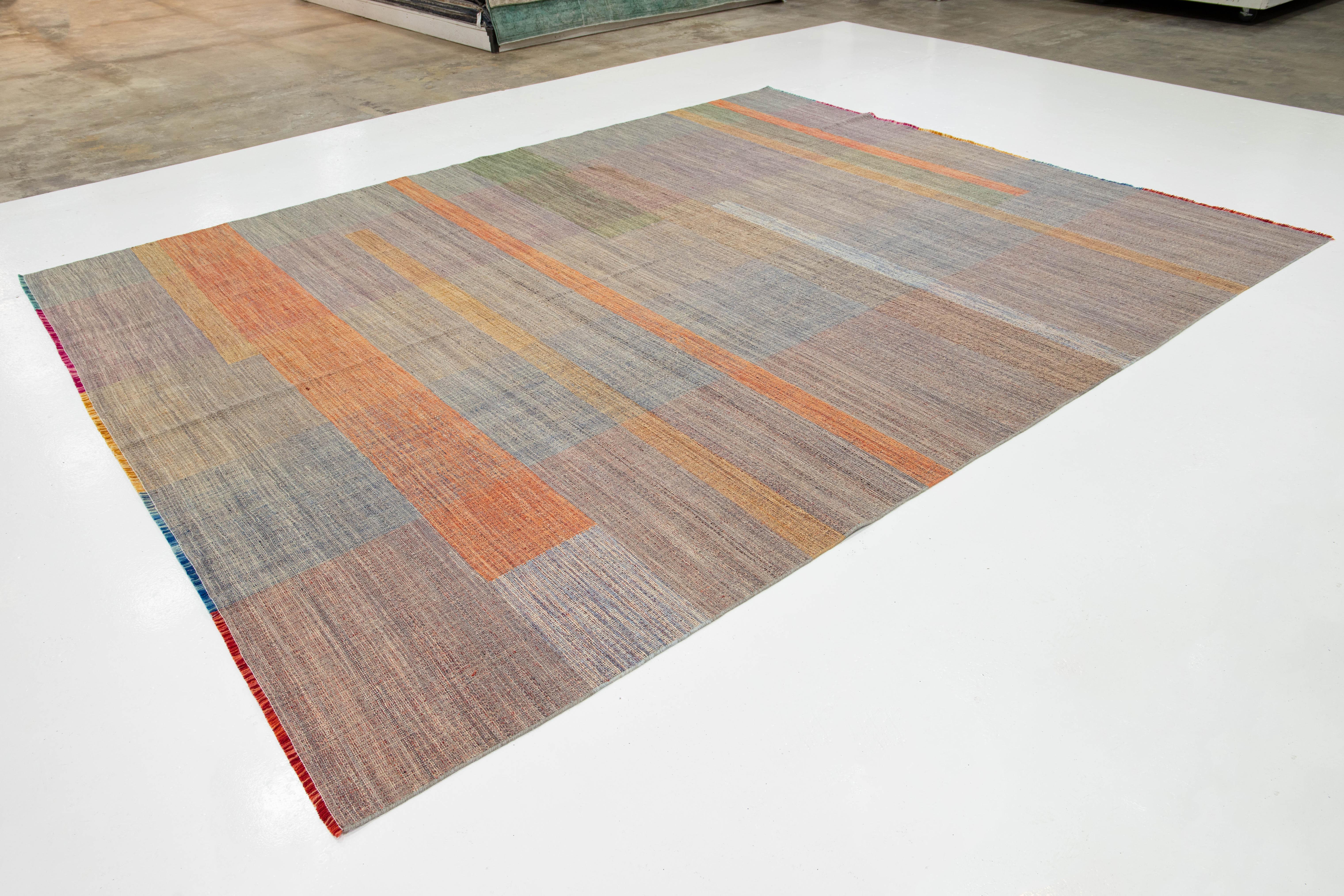 Indian Modern Kilim Flatweave Wool rug With Multicolored Geometric Pattern For Sale