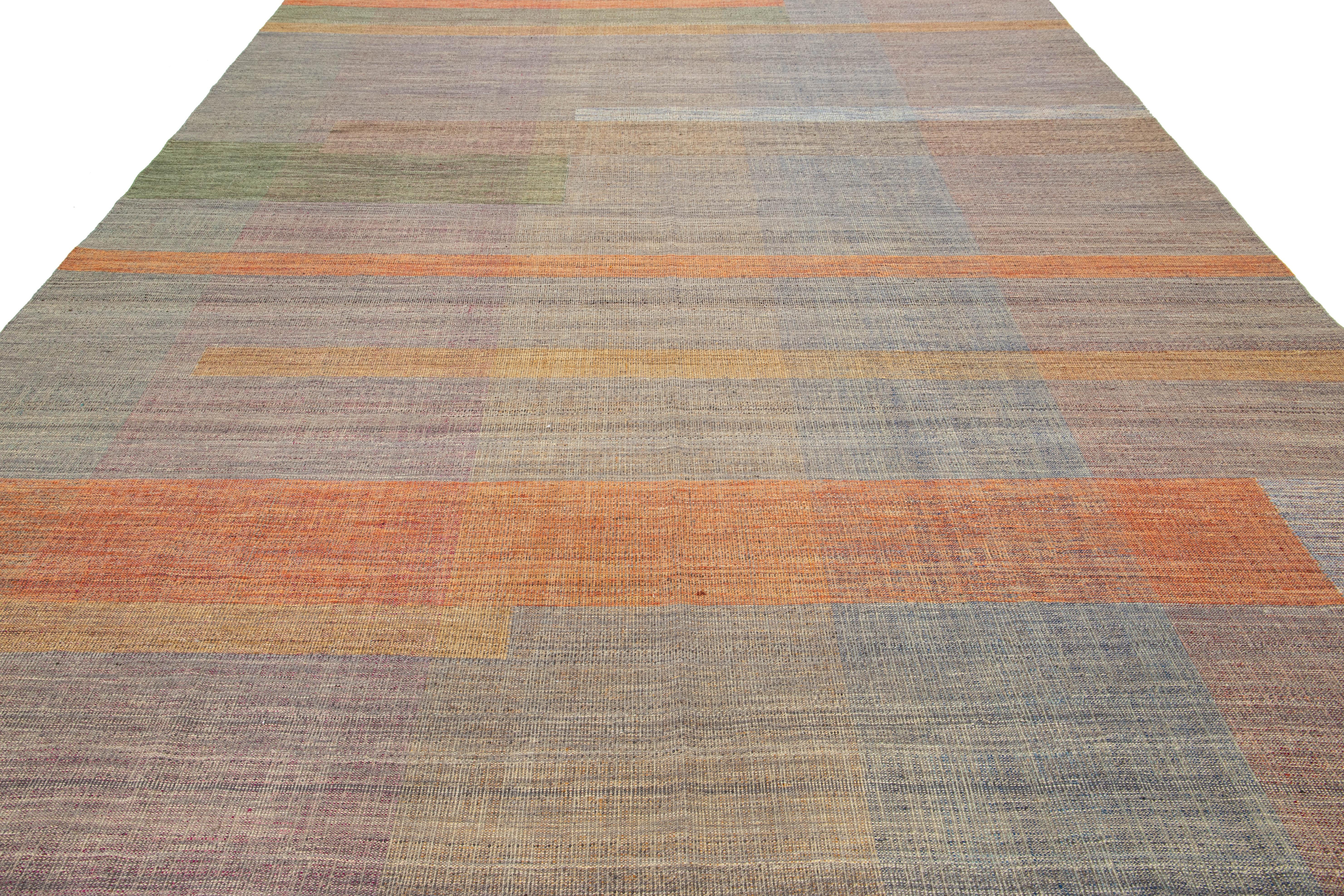 Contemporary Modern Kilim Flatweave Wool rug With Multicolored Geometric Pattern For Sale