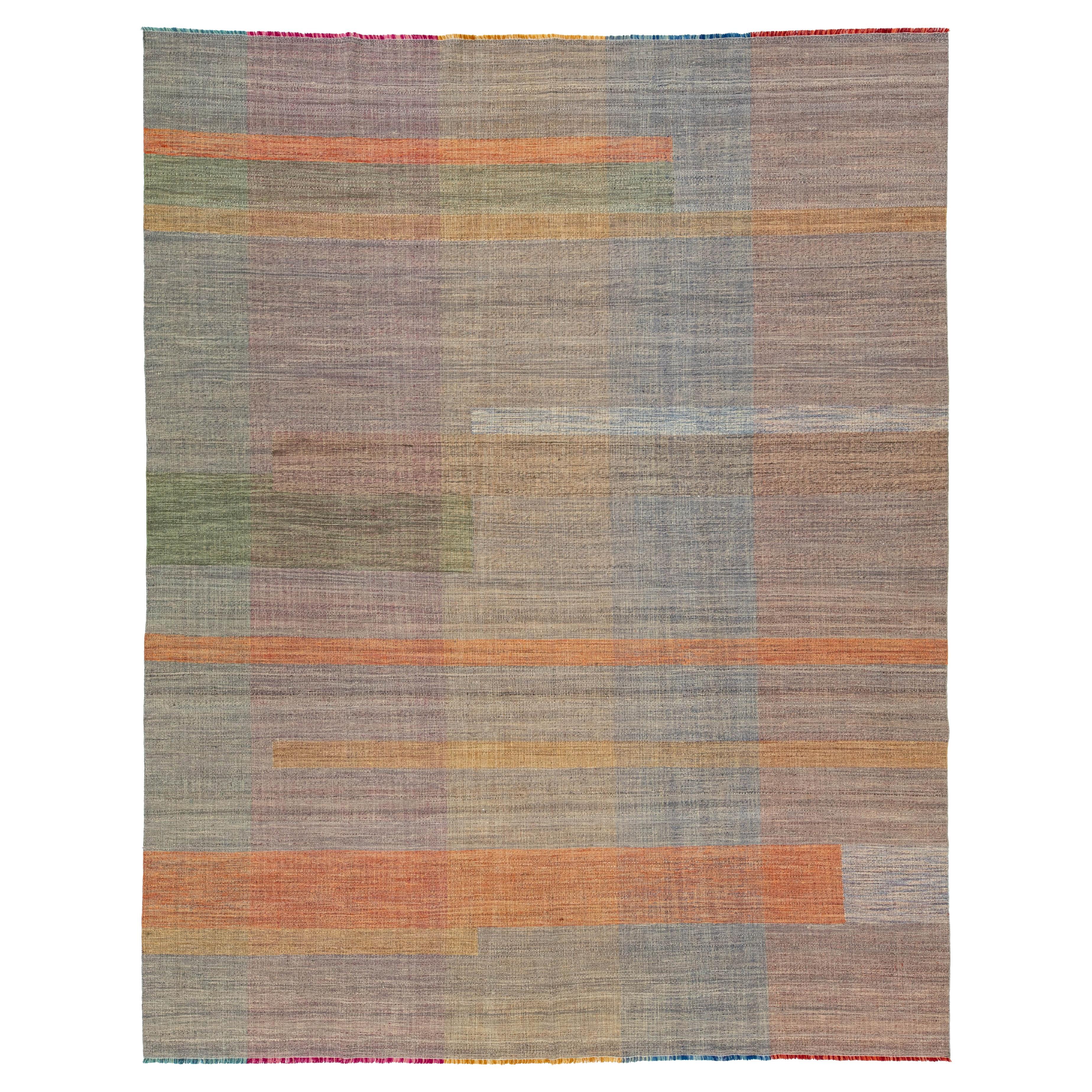 Modern Kilim Flatweave Wool rug With Multicolored Geometric Pattern For Sale