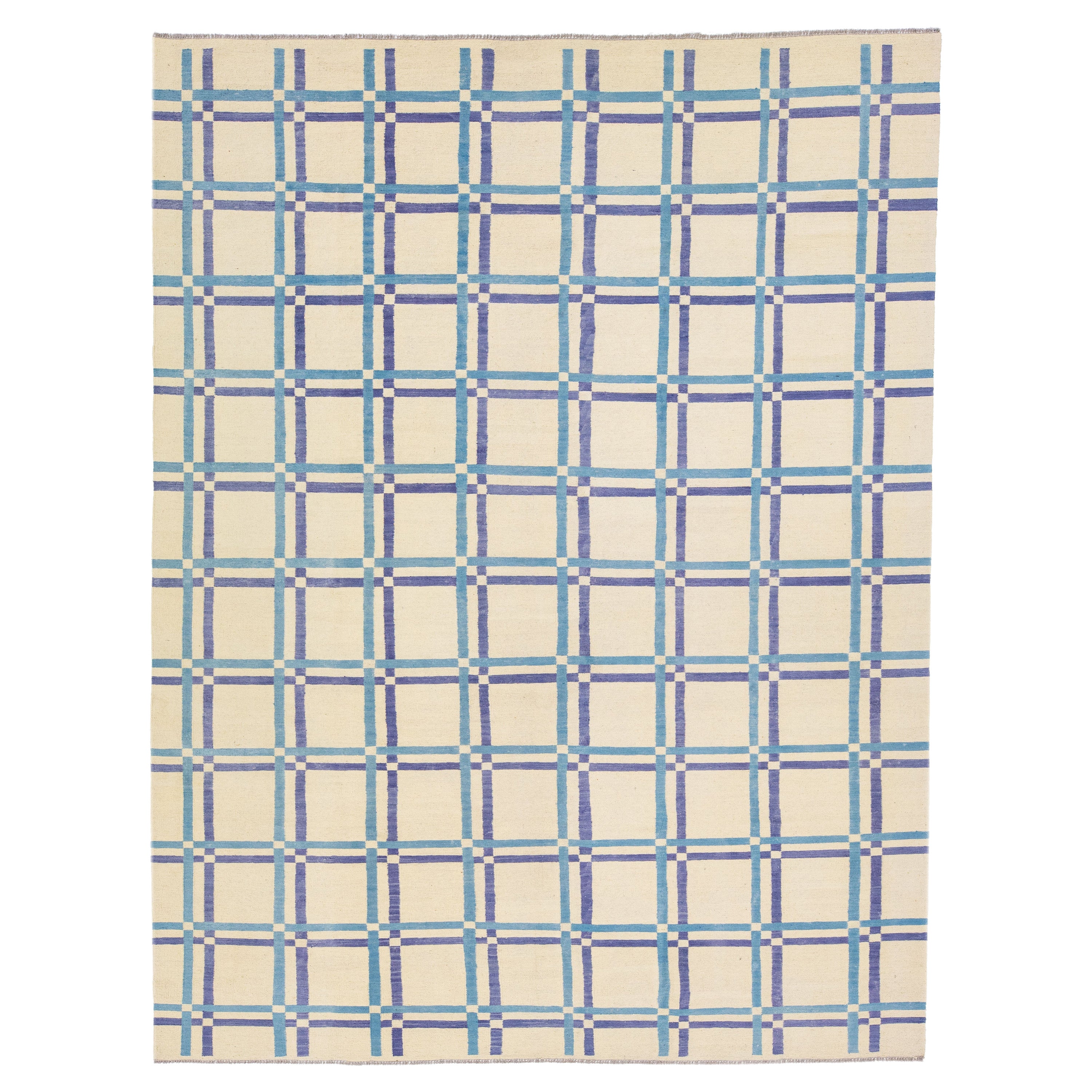 Moderner geometrischer Flachgewebe-Wollteppich in Elfenbein