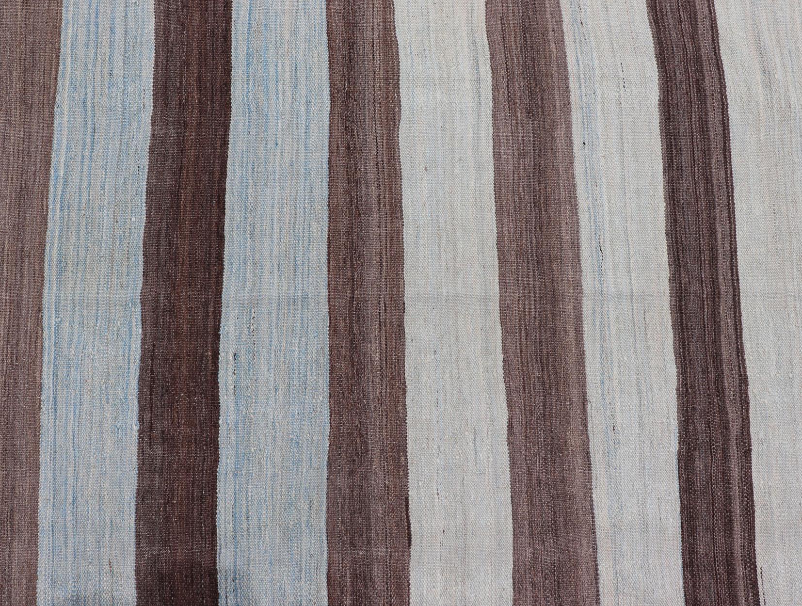 Modern Kilim Hand Woven Casual Rug with Stripes in Shades of Blue and Brown For Sale 3