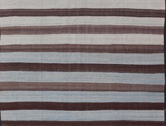 Tappeto moderno Kilim intrecciato a mano e casual con strisce nei toni del blu e del marrone