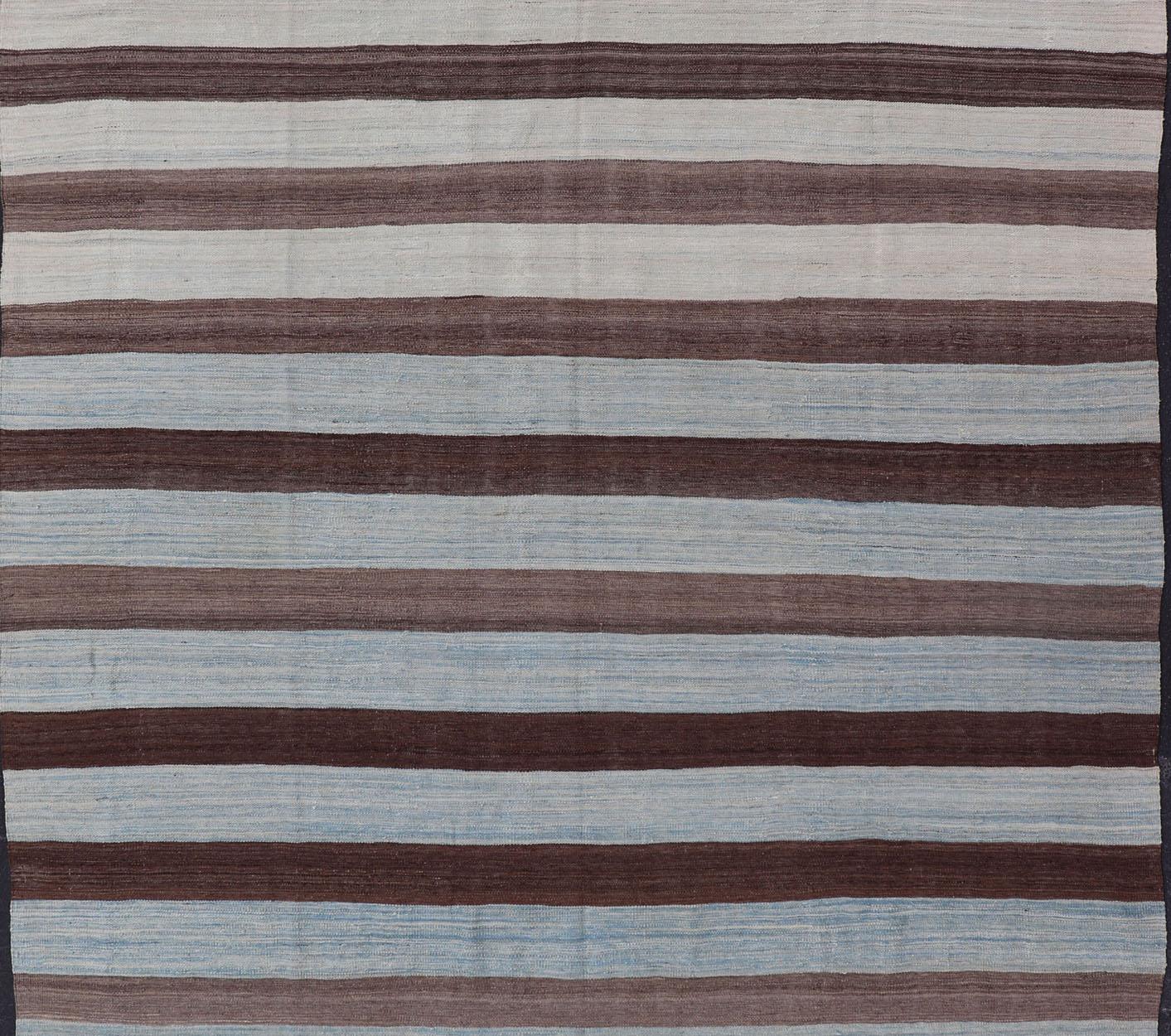 Afghan Modern Kilim Hand Woven Casual Rug with Stripes in Shades of Blue and Brown For Sale