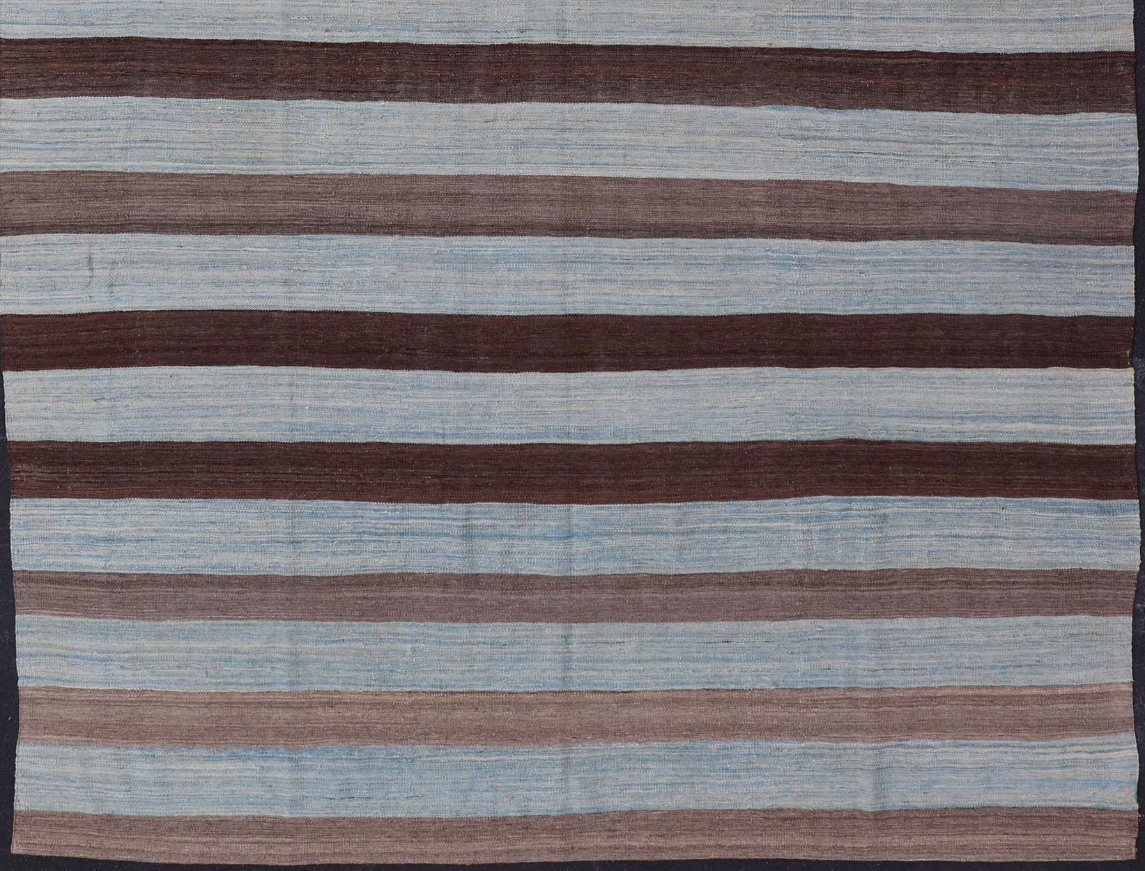 Hand-Woven Modern Kilim Hand Woven Casual Rug with Stripes in Shades of Blue and Brown For Sale