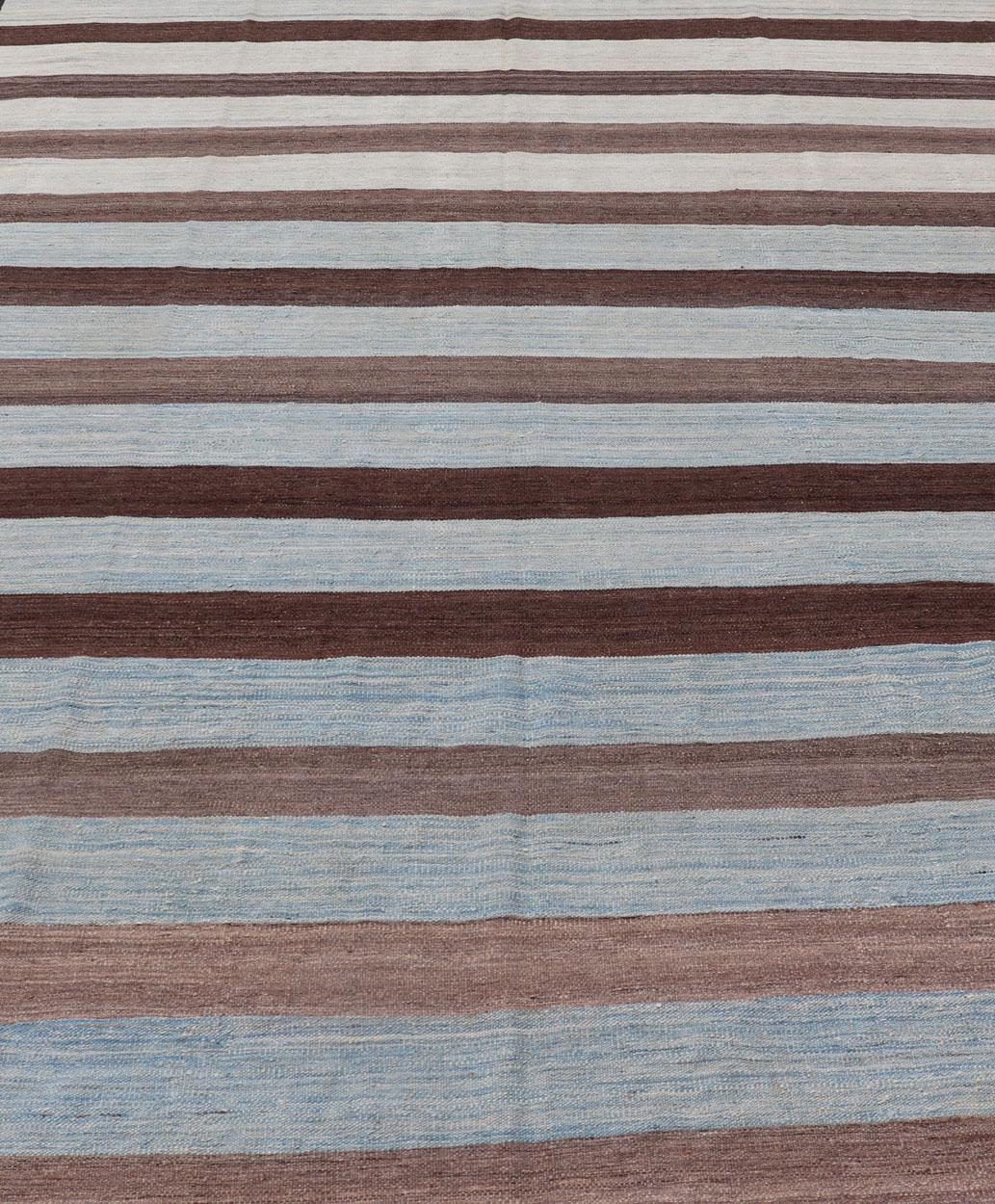 Contemporary Modern Kilim Hand Woven Casual Rug with Stripes in Shades of Blue and Brown For Sale